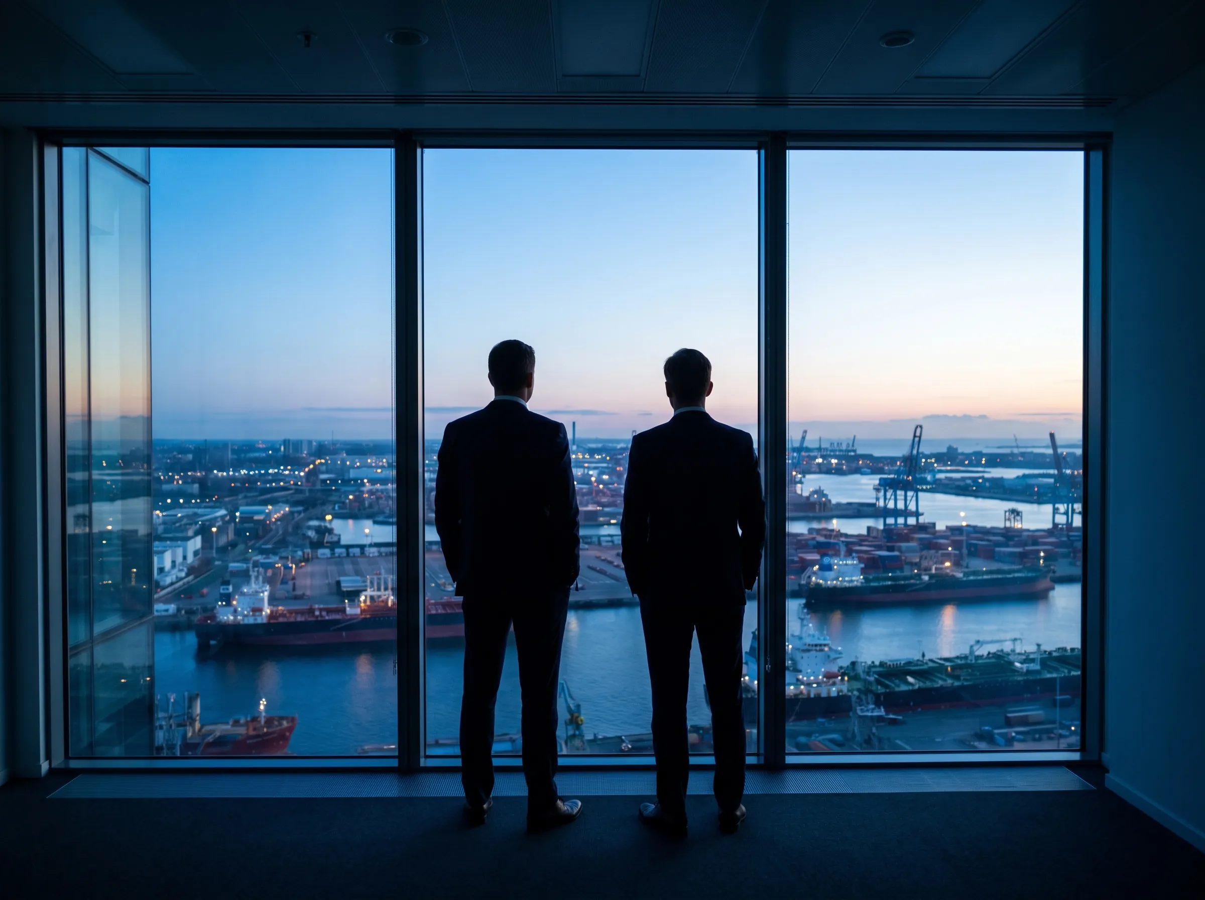 Two advisers at an office window overlooking a port