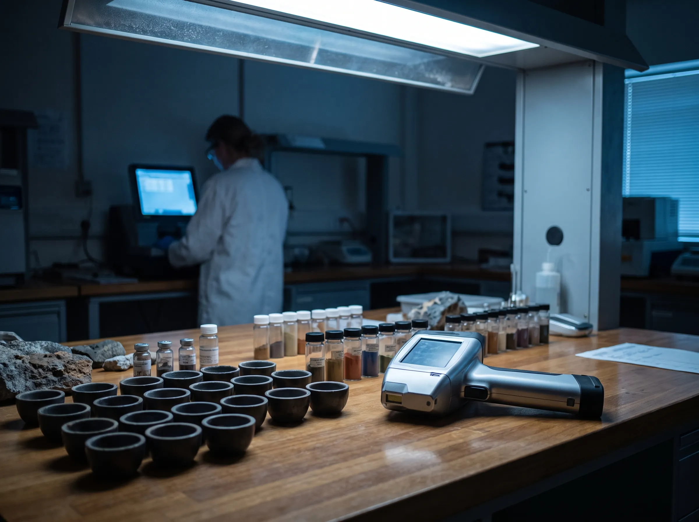 Crucibles and ore samples beside an analyser in a mineral assay laboratory