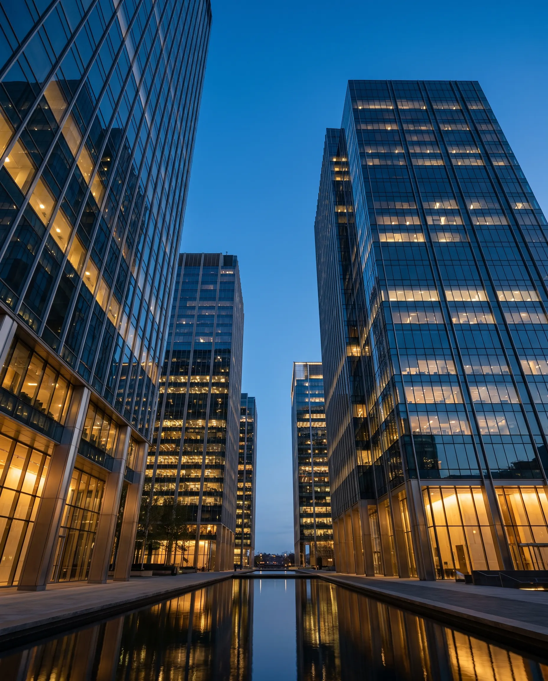 Glass office towers in a Gulf business district at dusk