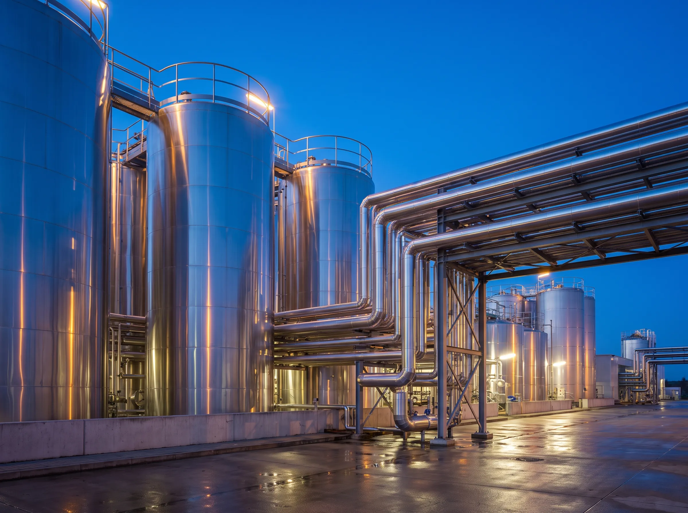 Stainless steel chemical storage tanks at blue hour