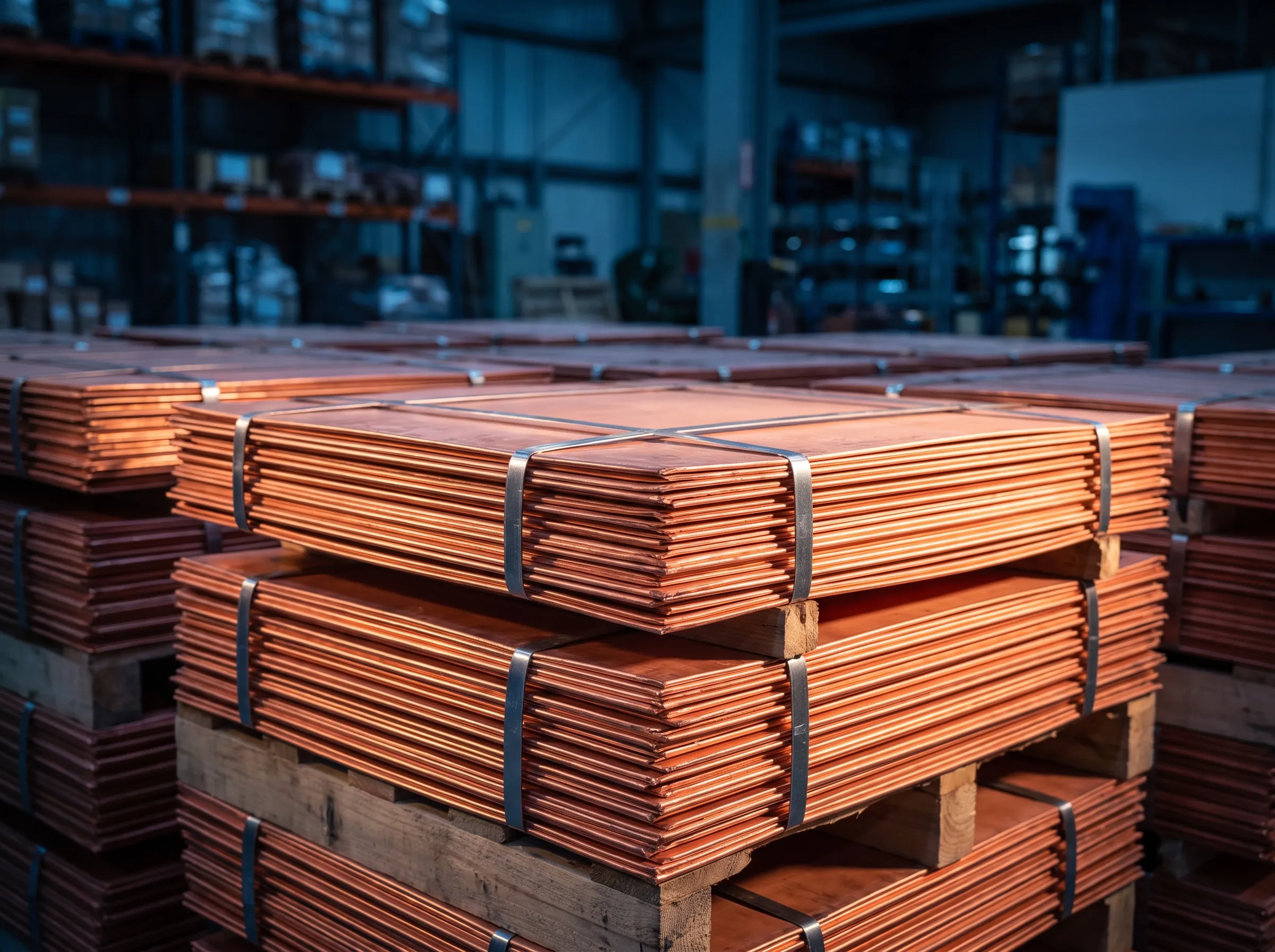 Strapped stacks of copper cathode sheets in a warehouse