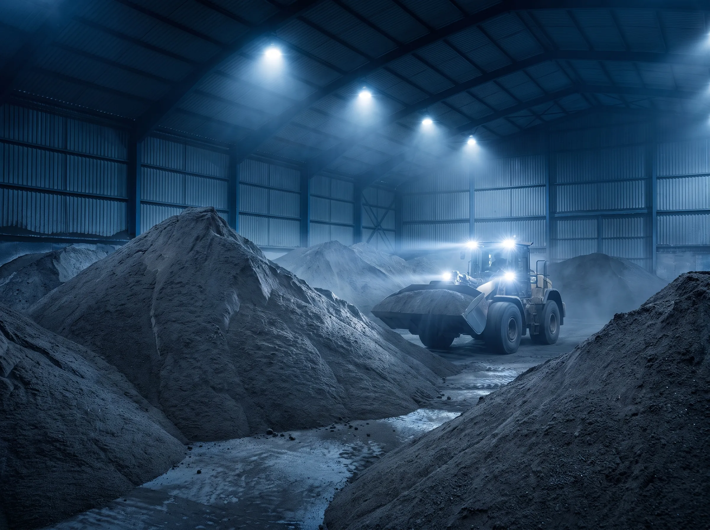 Copper concentrate stockpiles inside a covered warehouse