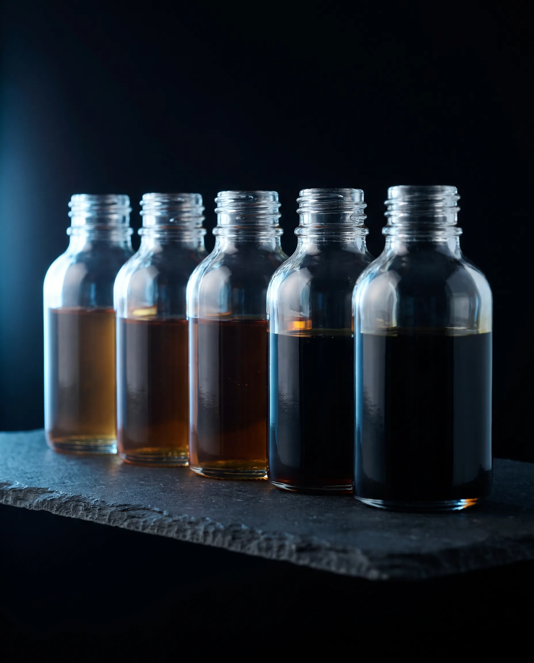 Sample bottles of crude oil ranging from light amber to heavy black