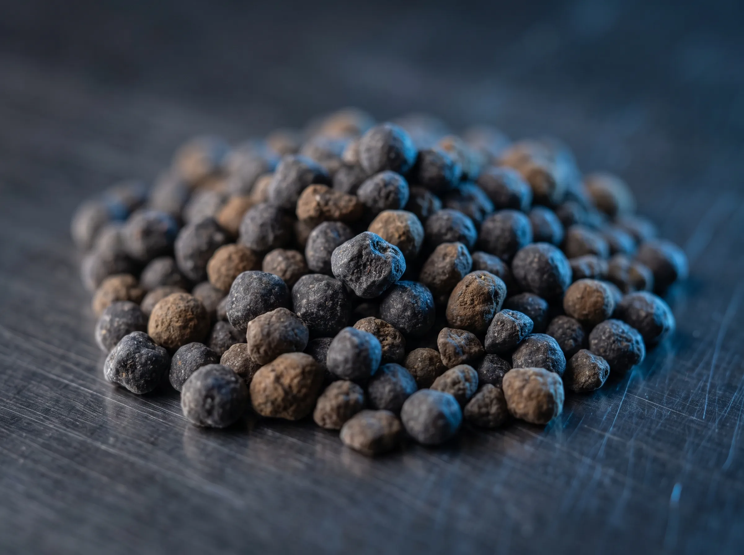 Close view of dark phosphate fertilizer granules