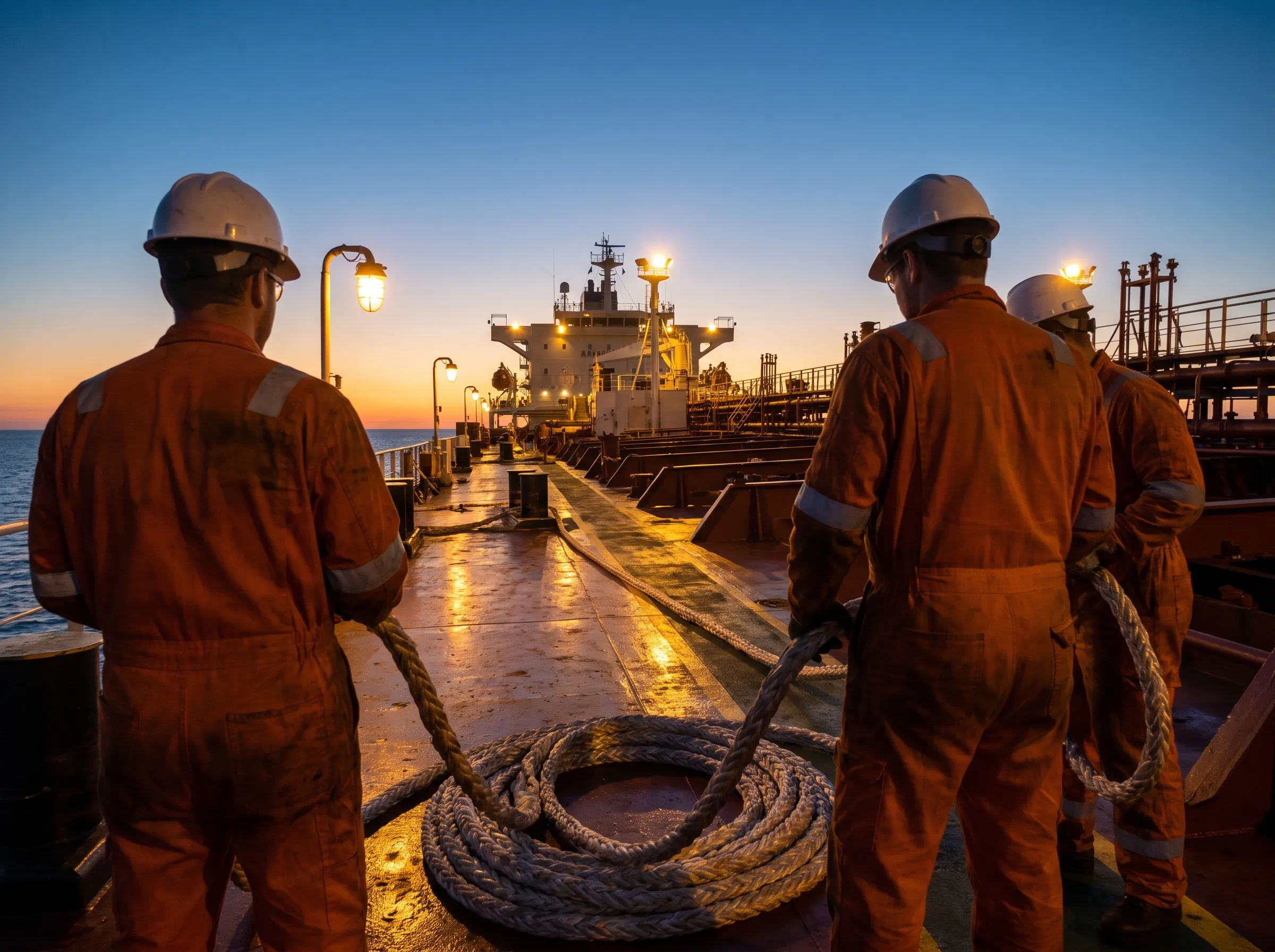 Deck crew handling mooring lines at dusk