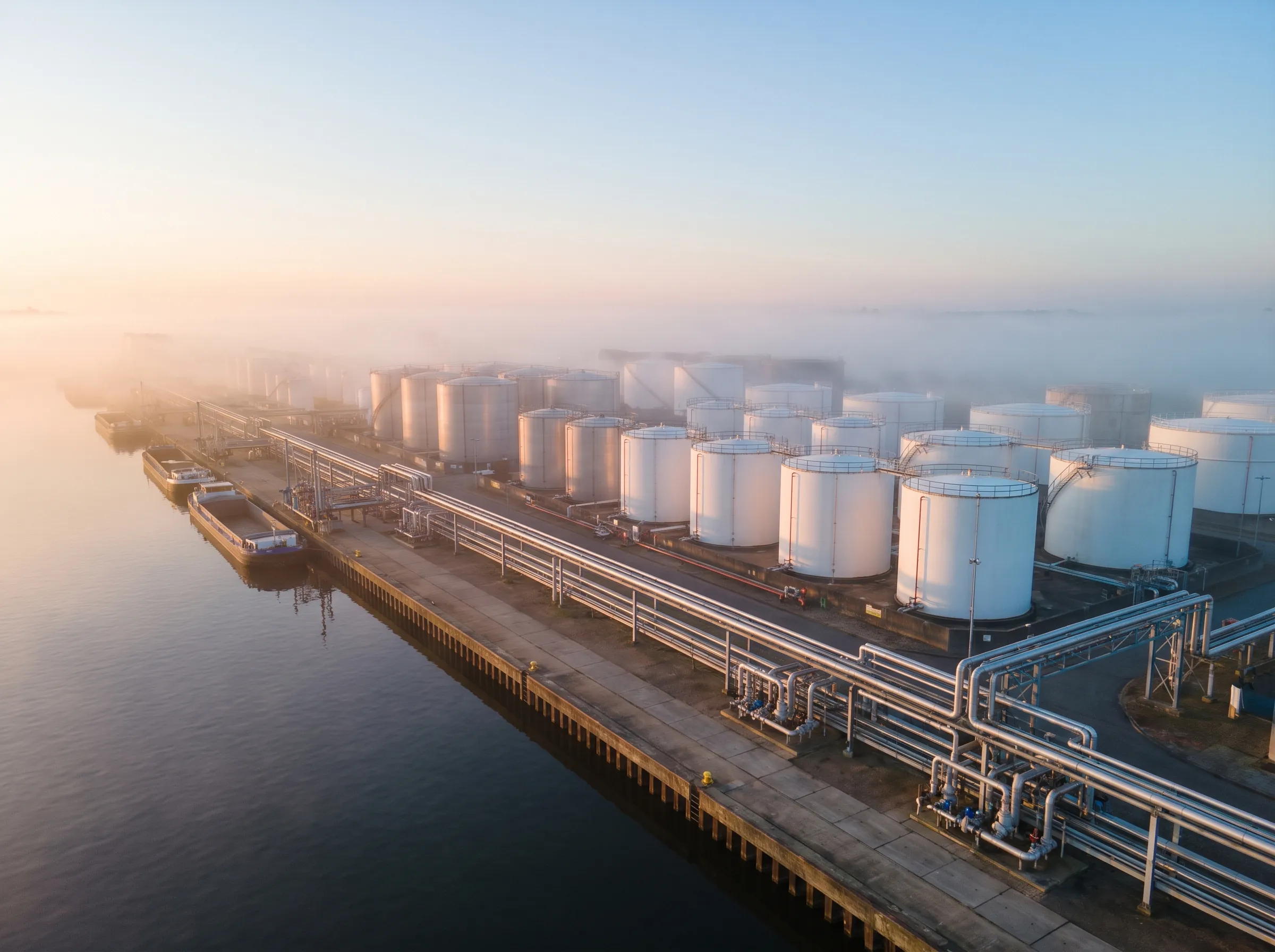 Diesel storage tanks along a quay at dawn