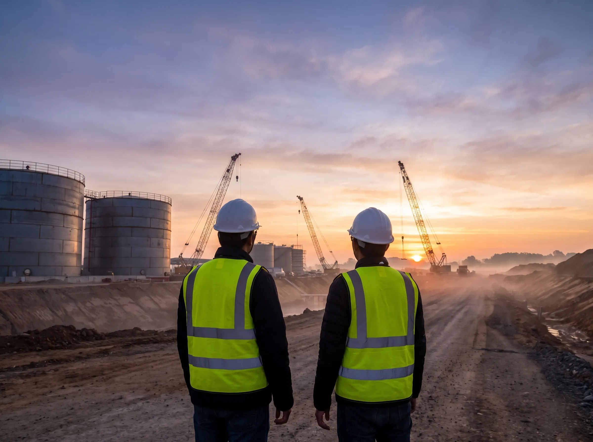 Engineers overlooking a terminal construction site at dawn