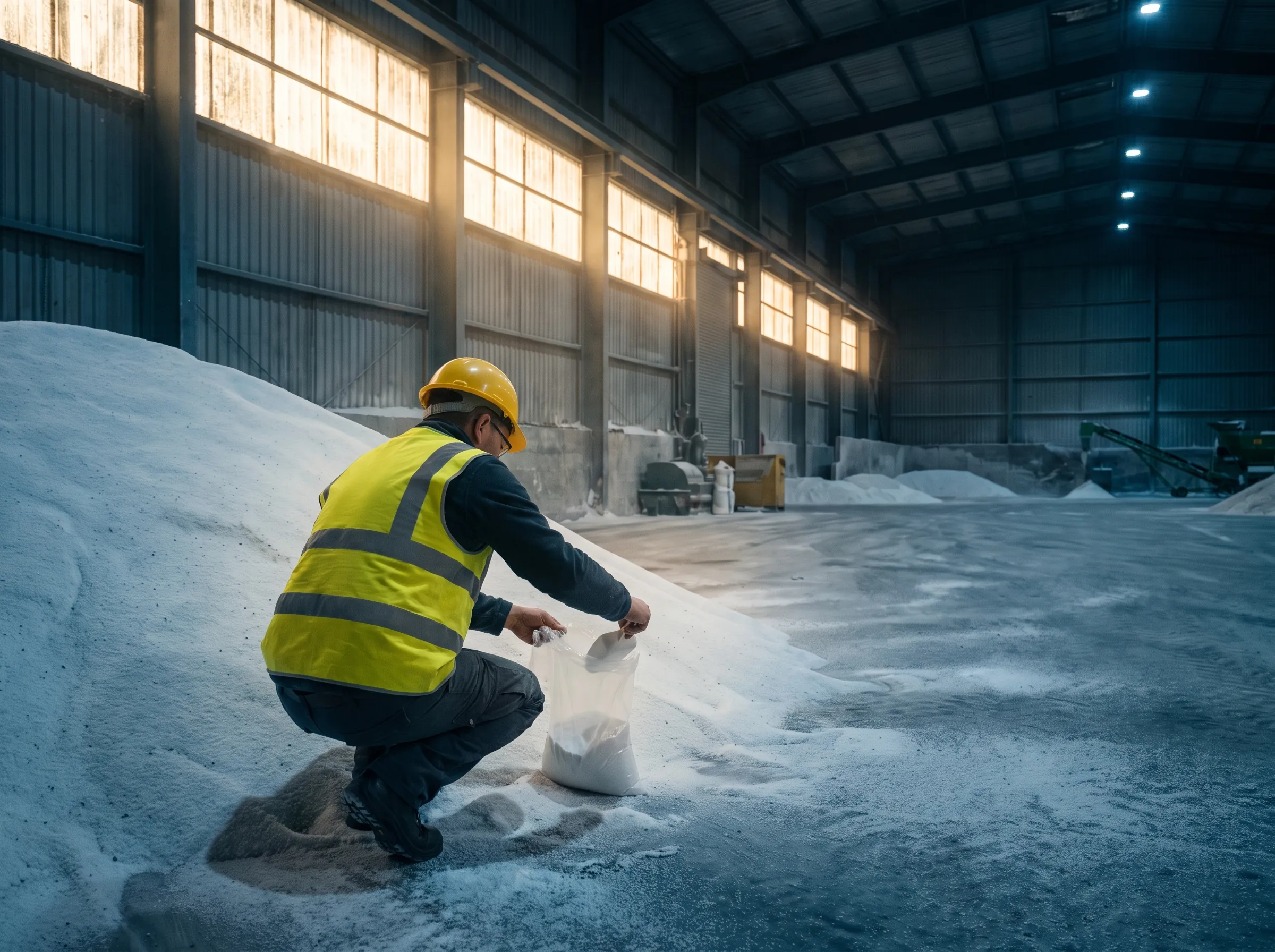 A cargo inspector taking a sample of fertilizer granules inside a bulk storage warehouse