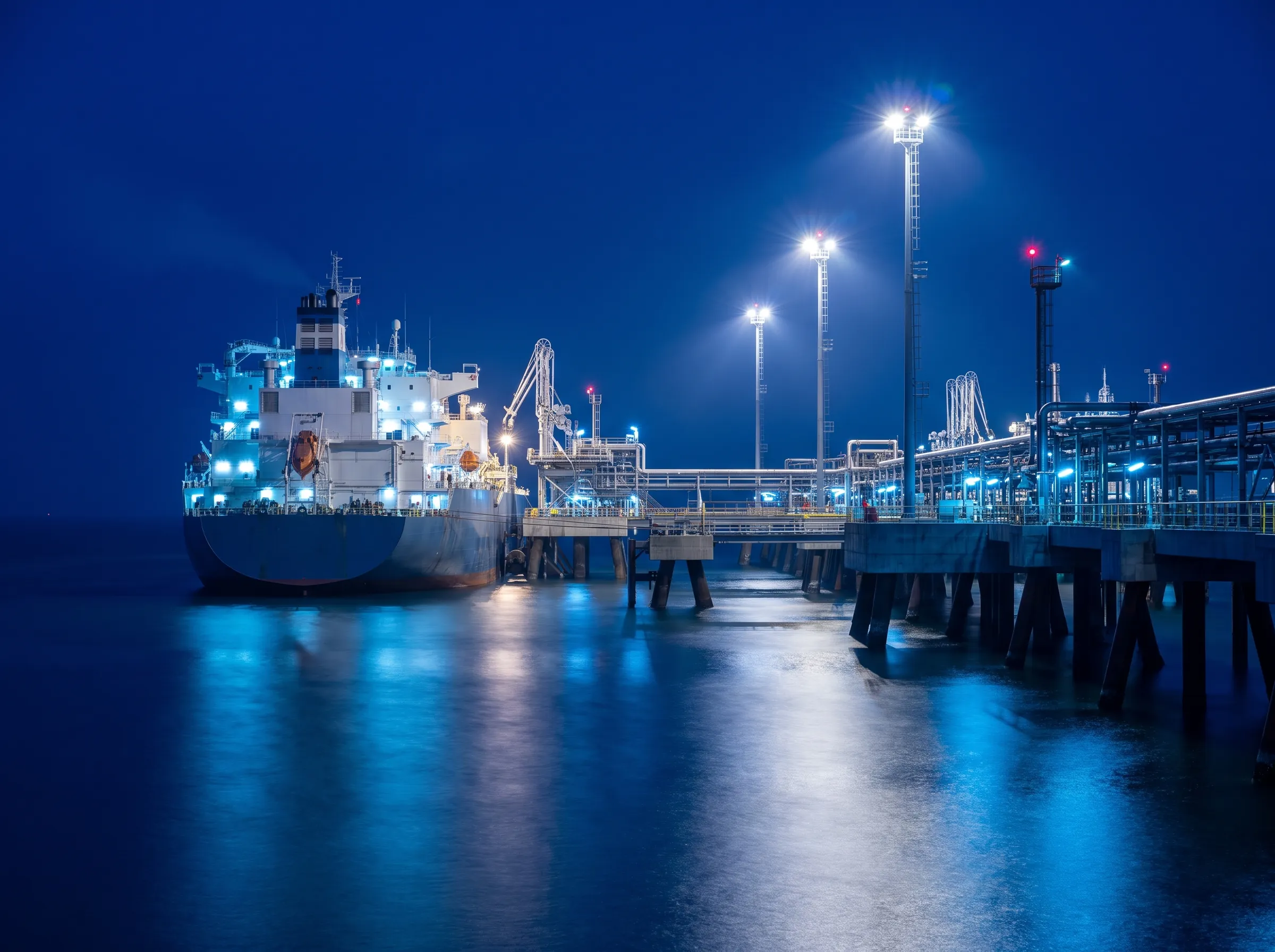 A floating storage and regasification unit at an LNG jetty at night