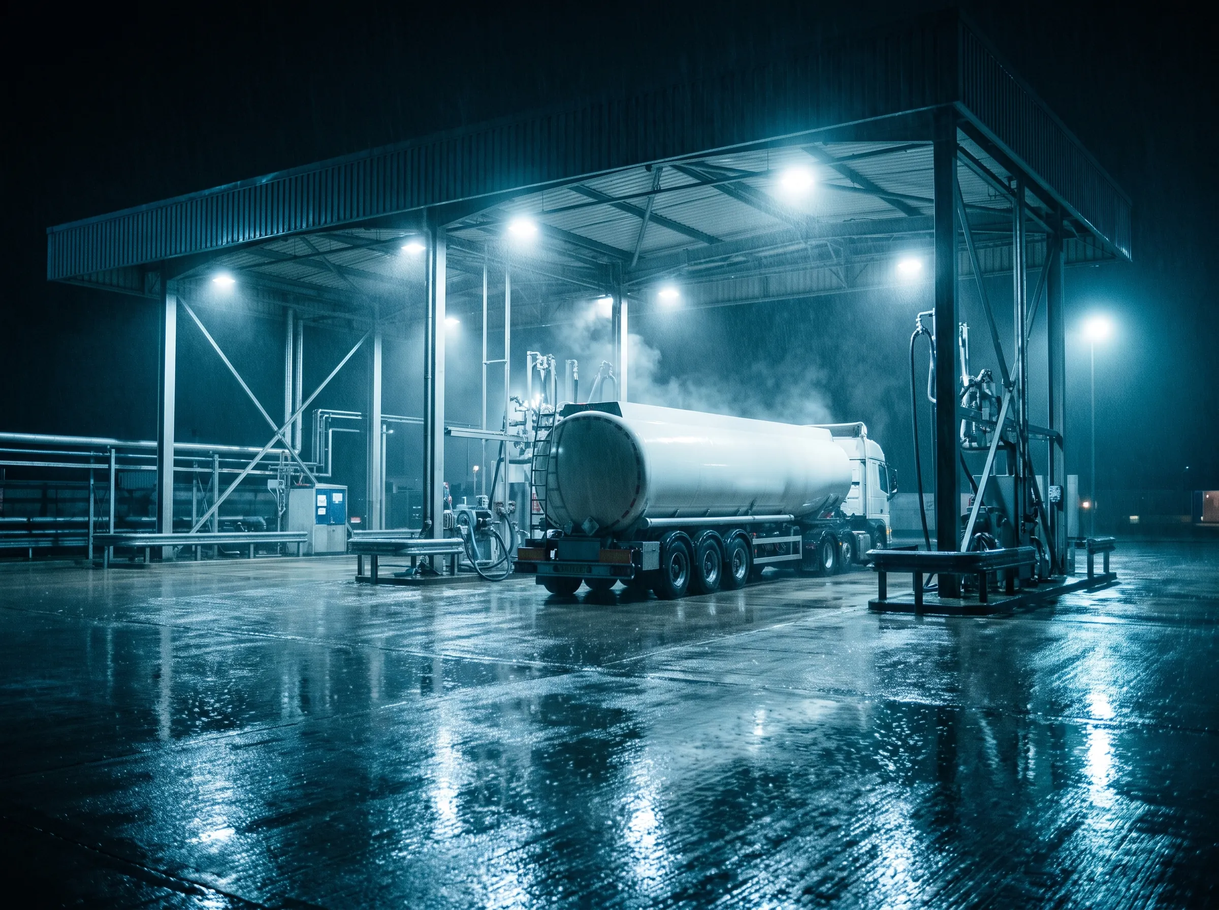 A road tanker under the canopy of a fuel loading gantry at night