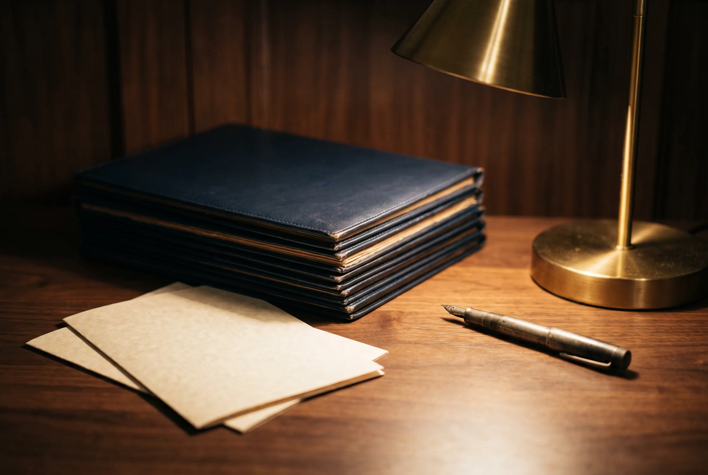 Closed folders and a fountain pen on a desk under a lamp