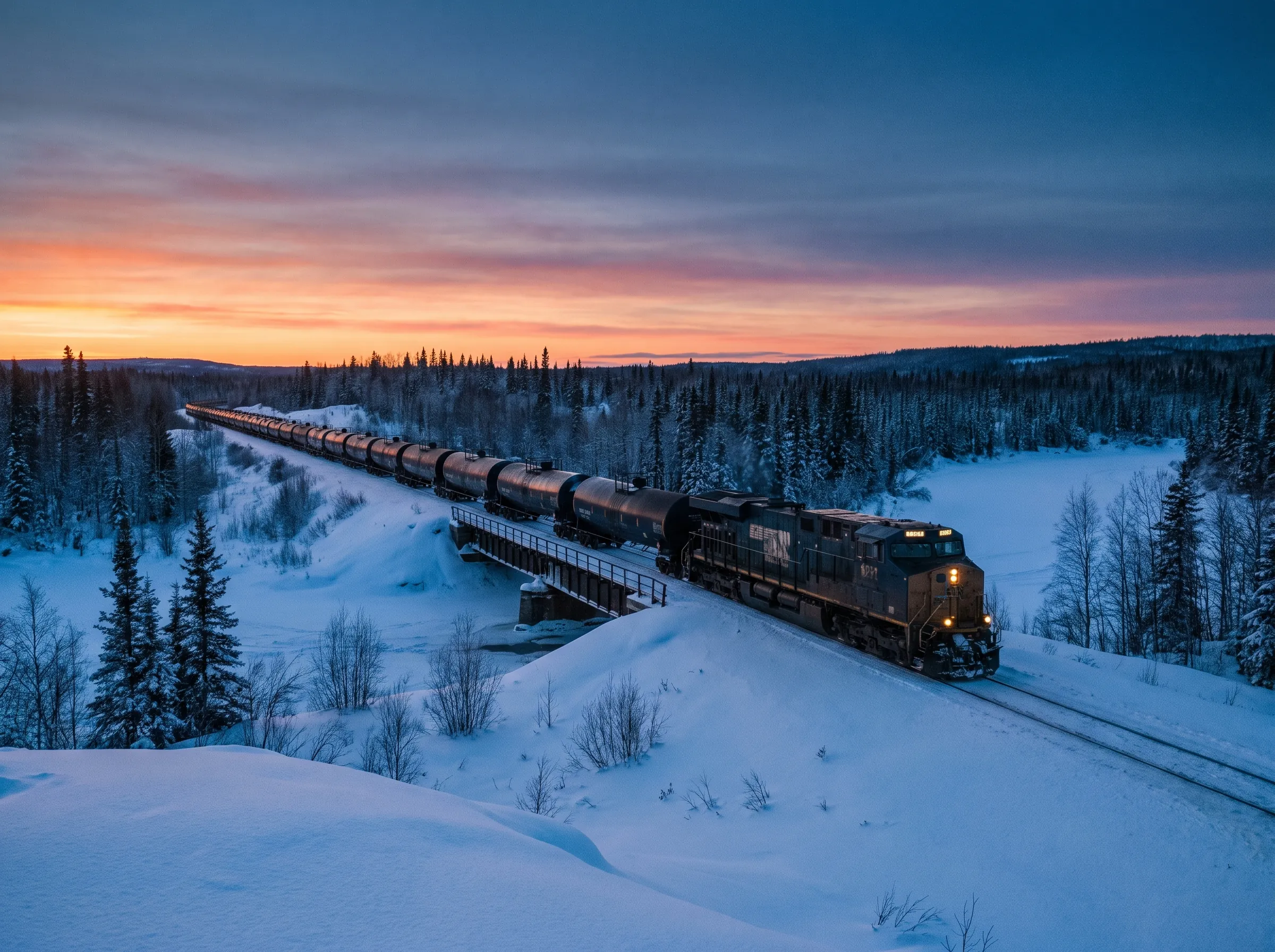 Railway tank cars crossing a snowy landscape at dusk