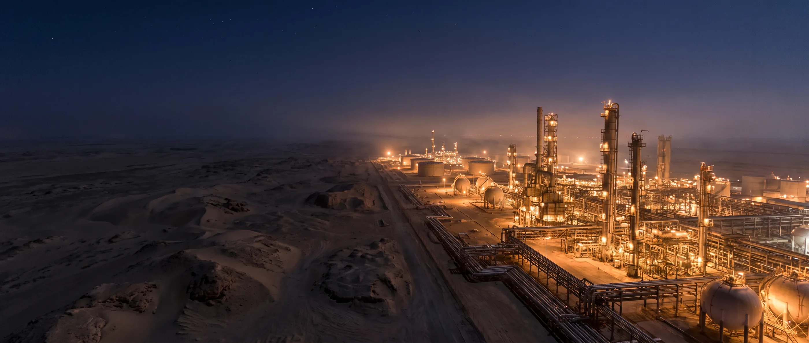 Aerial night view of an oil and gas complex with refinery towers, pipelines and storage glowing in the desert