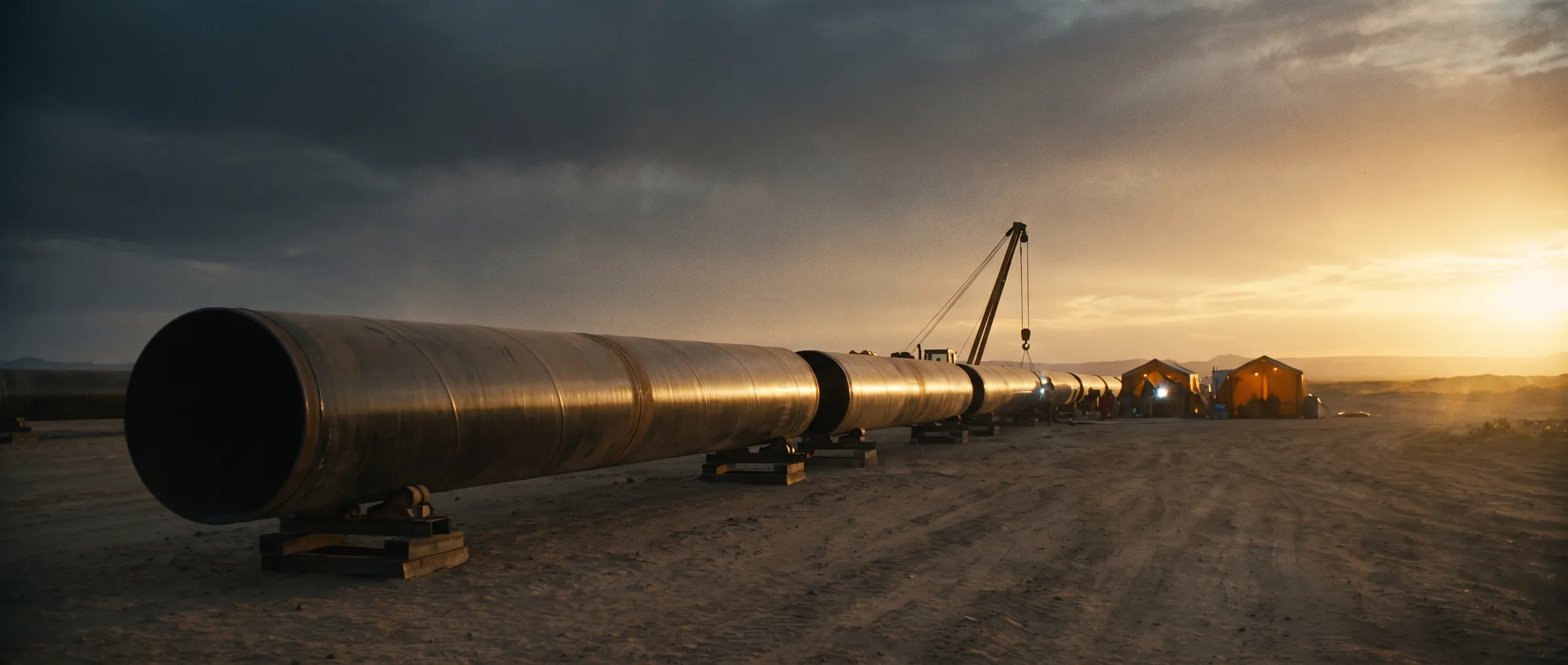 A large pipeline under construction across the desert at sunrise