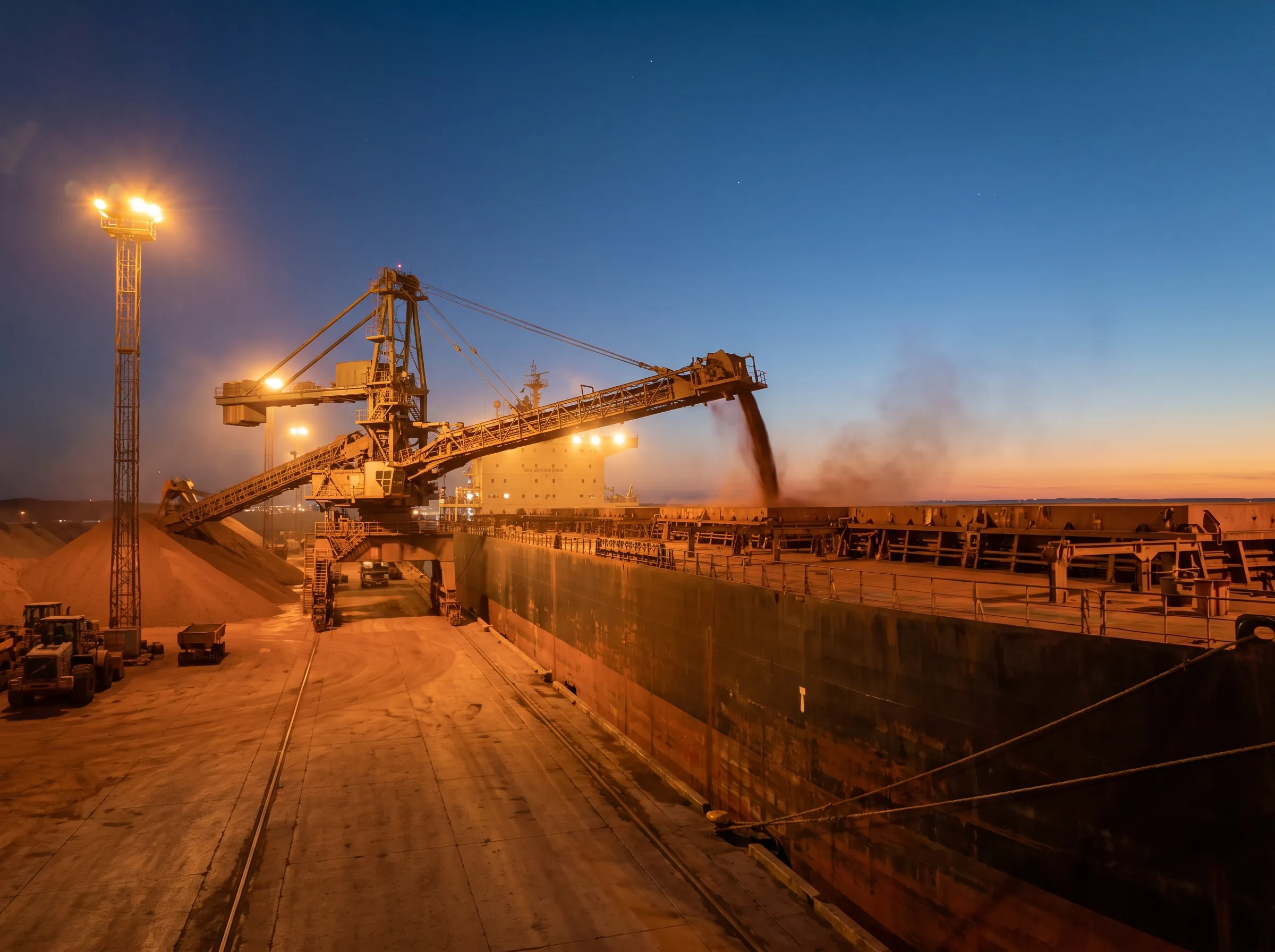 A bulk carrier loading iron ore at a port at dusk