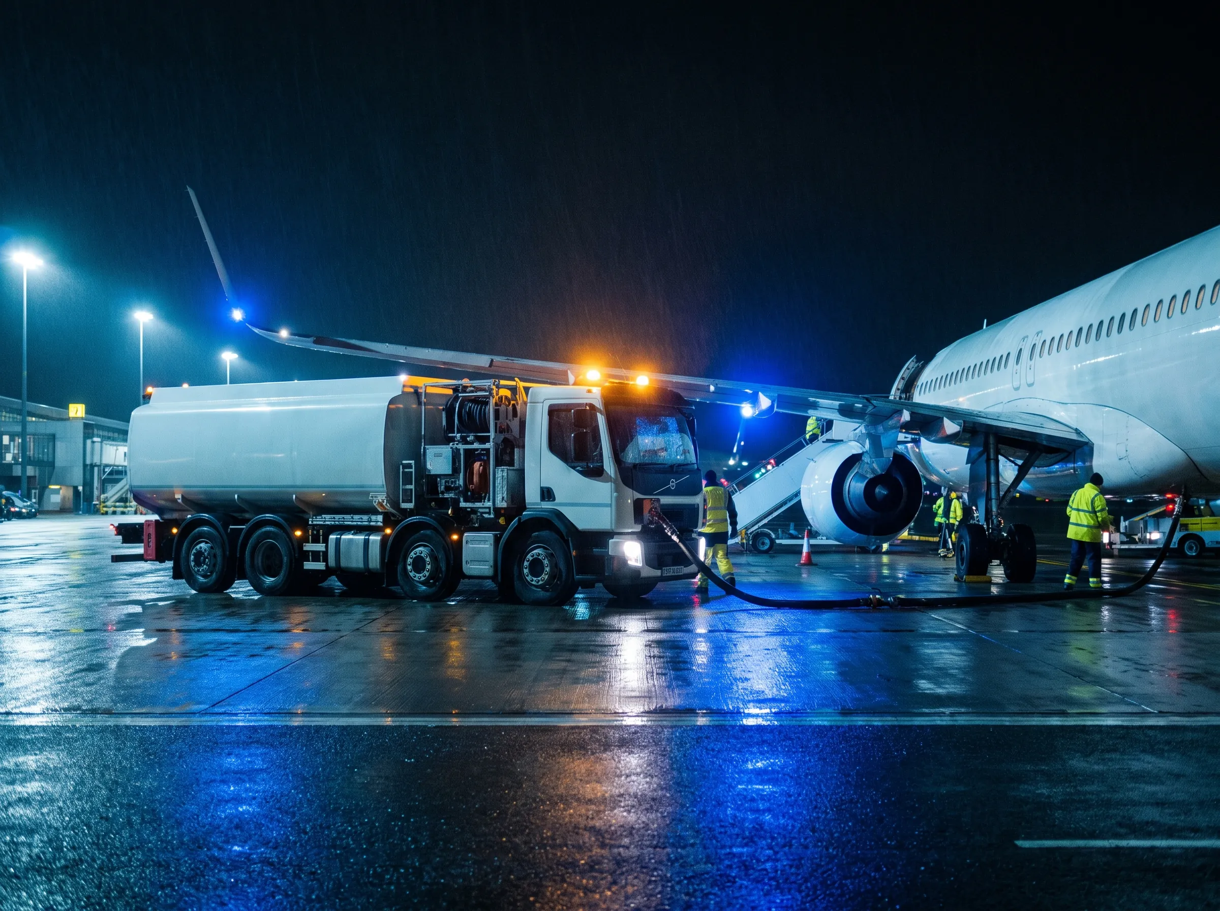 A refuelling truck beside an airliner at night