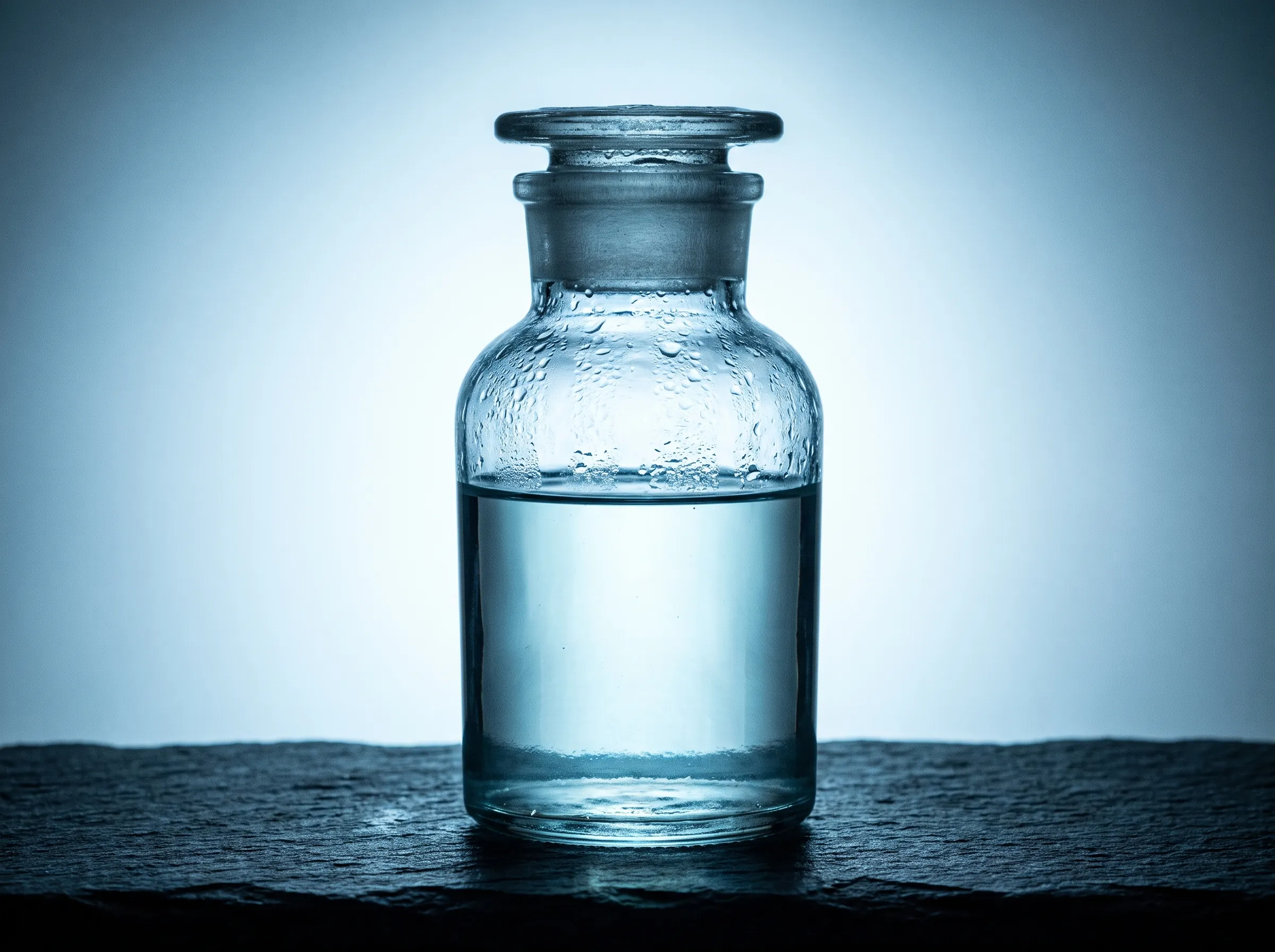 A glass bottle of clear kerosene lit from behind