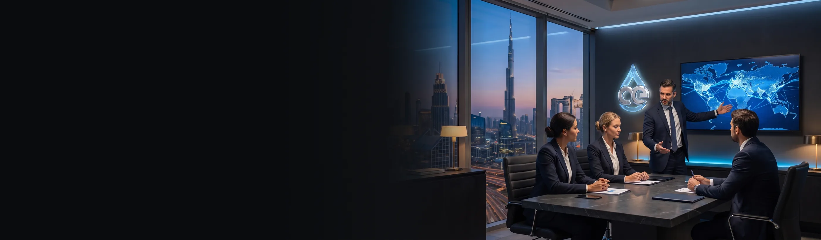 Atlantean Energeia colleagues in a meeting room overlooking the Dubai skyline