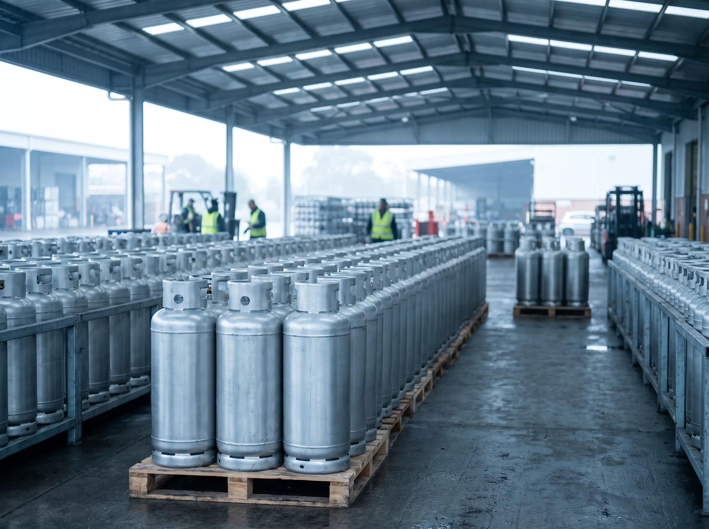 Rows of LPG cylinders in a distribution depot