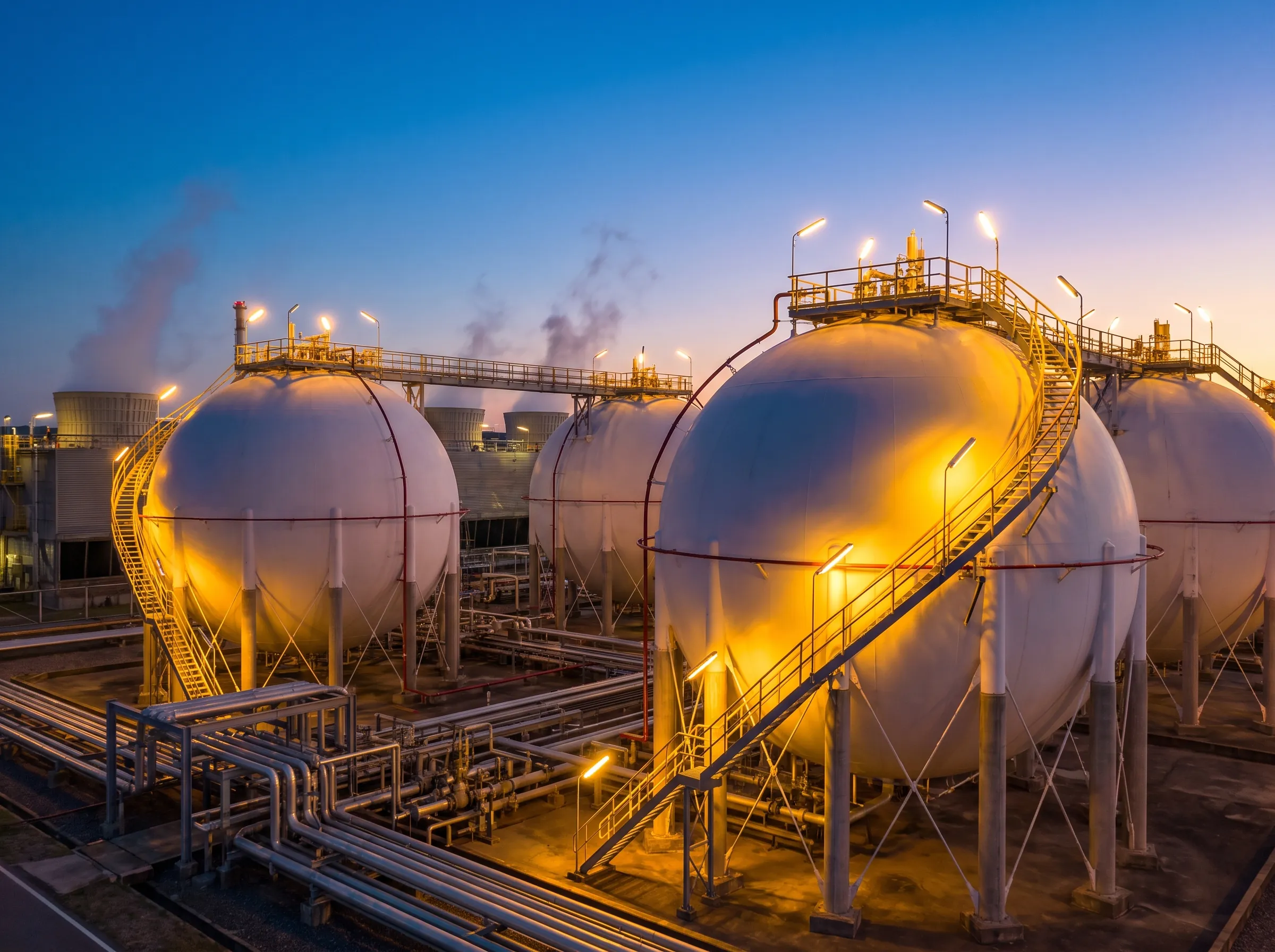 Spherical LPG storage tanks at dusk