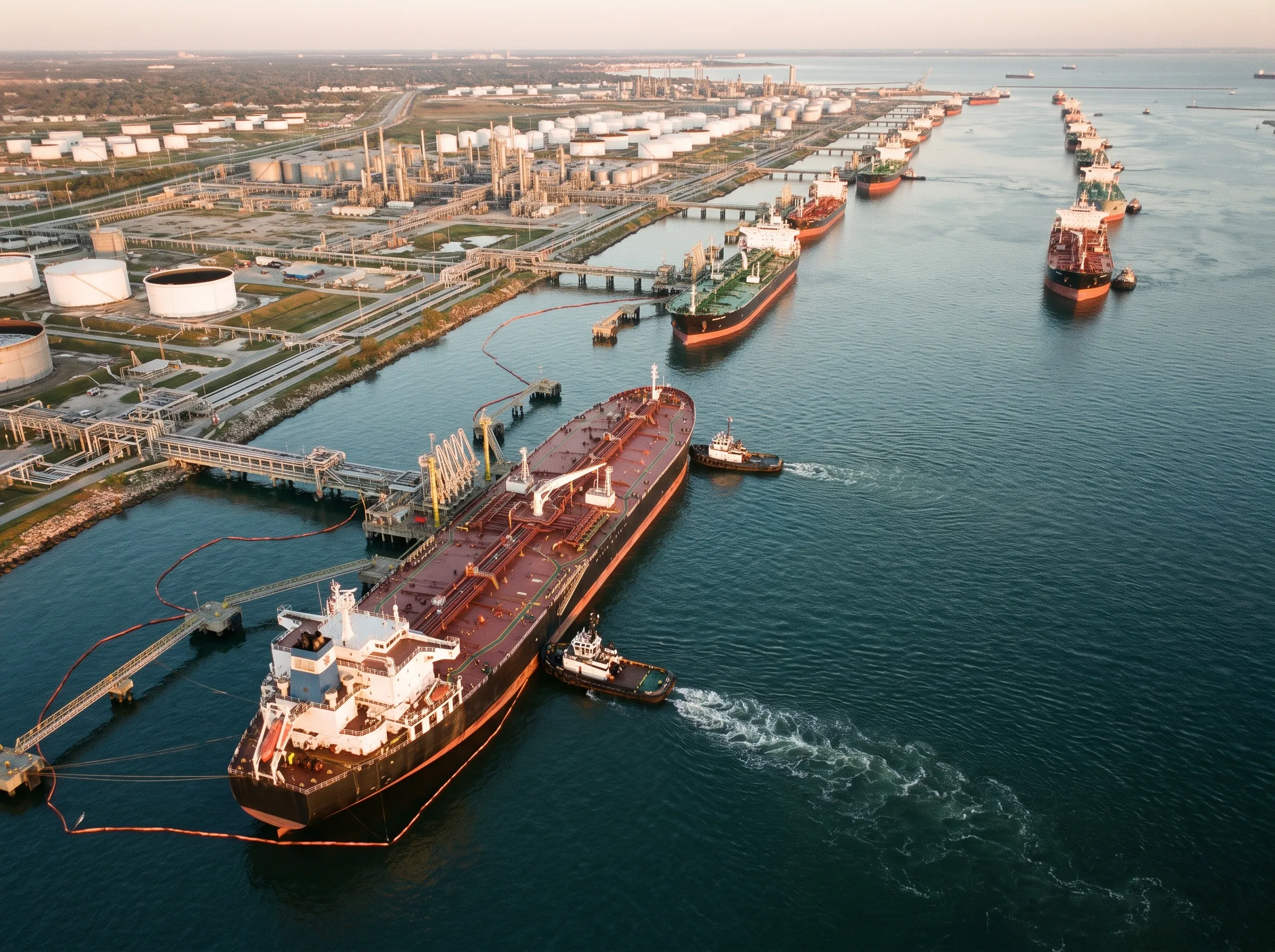 A busy oil port at golden hour with tankers at berth