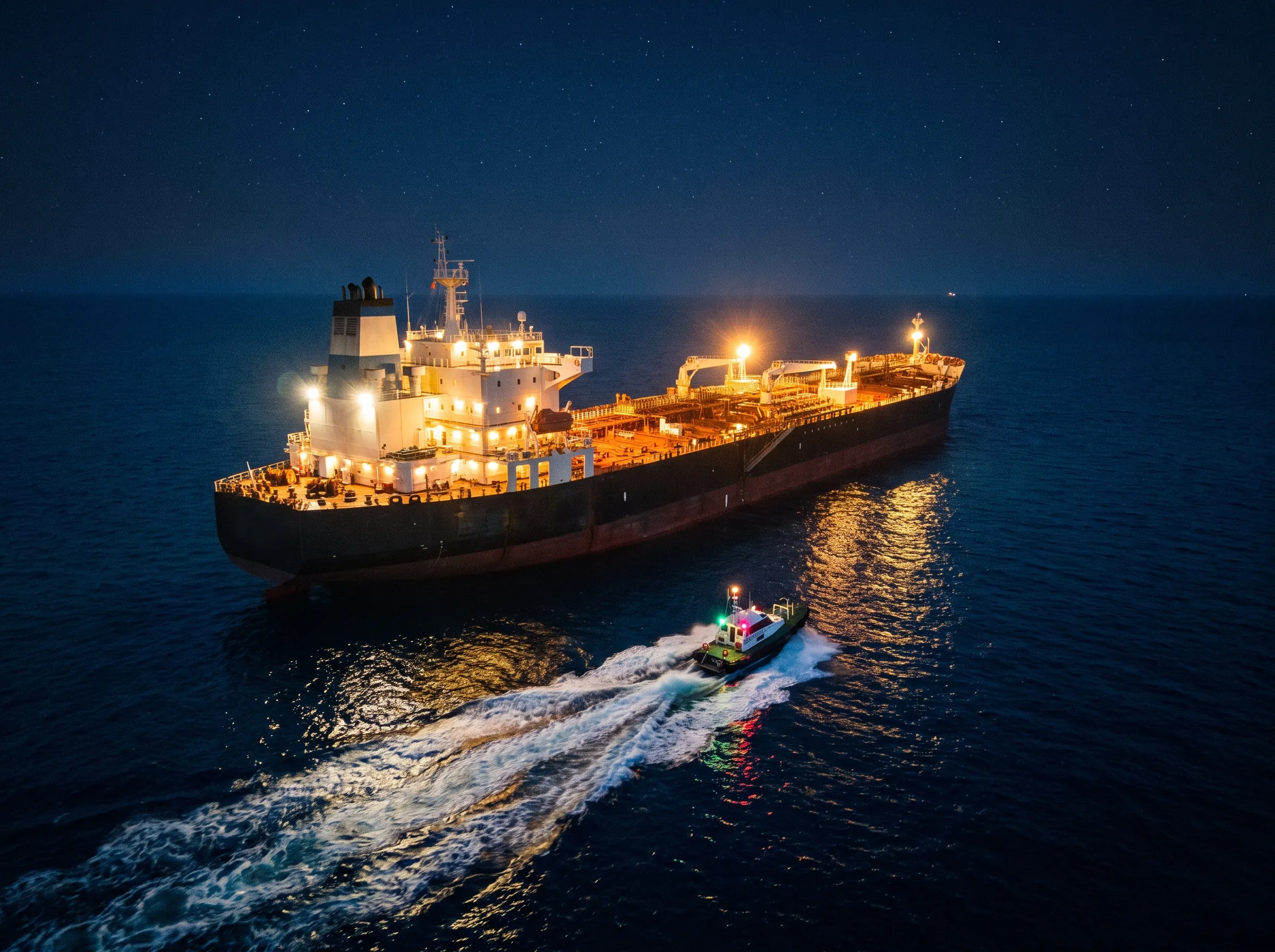 A pilot boat approaching a tanker at anchor at night