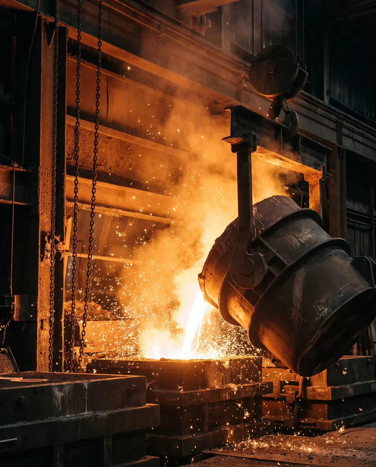 Molten copper pouring from a ladle in a smelter