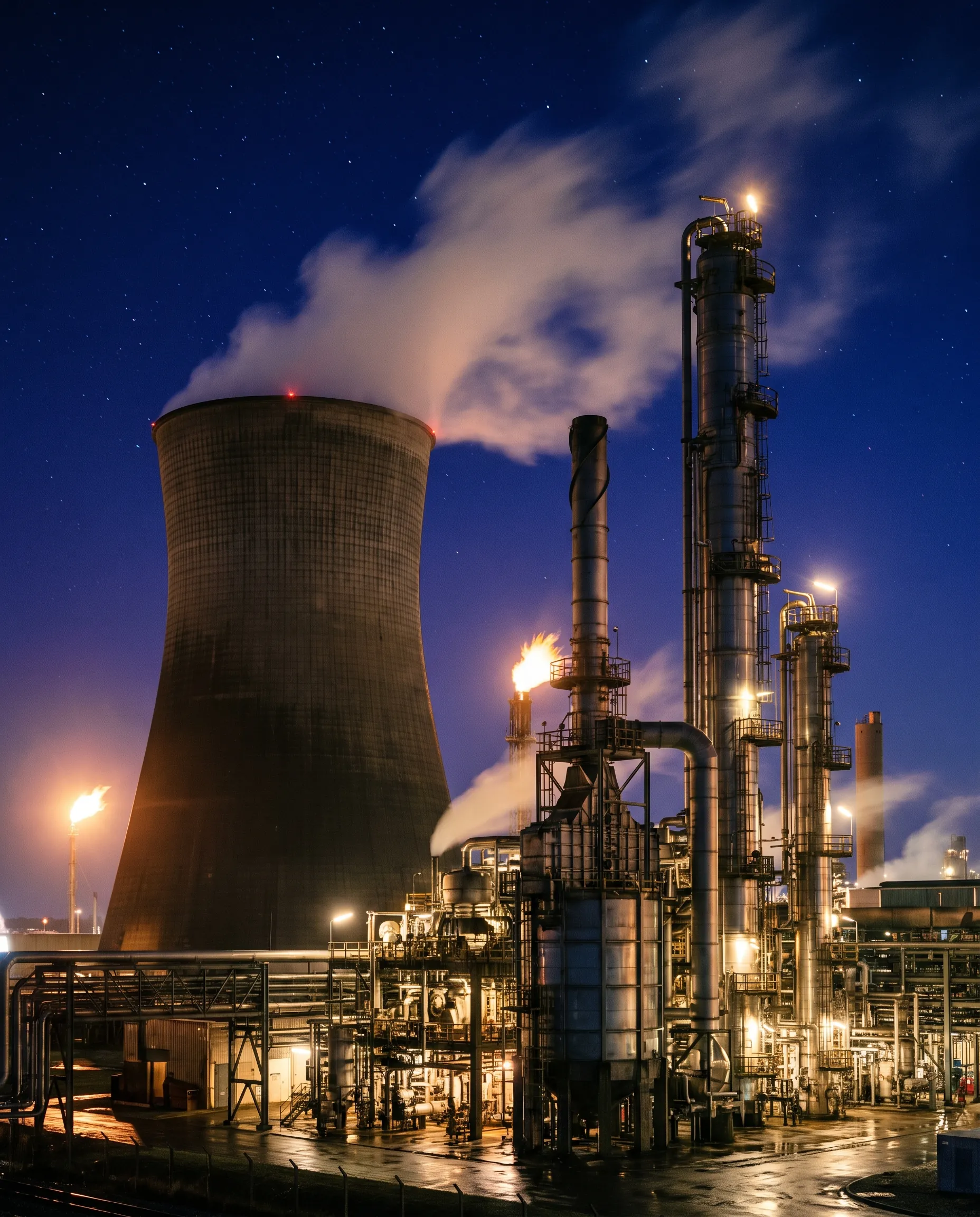 A refinery tower with steam at night