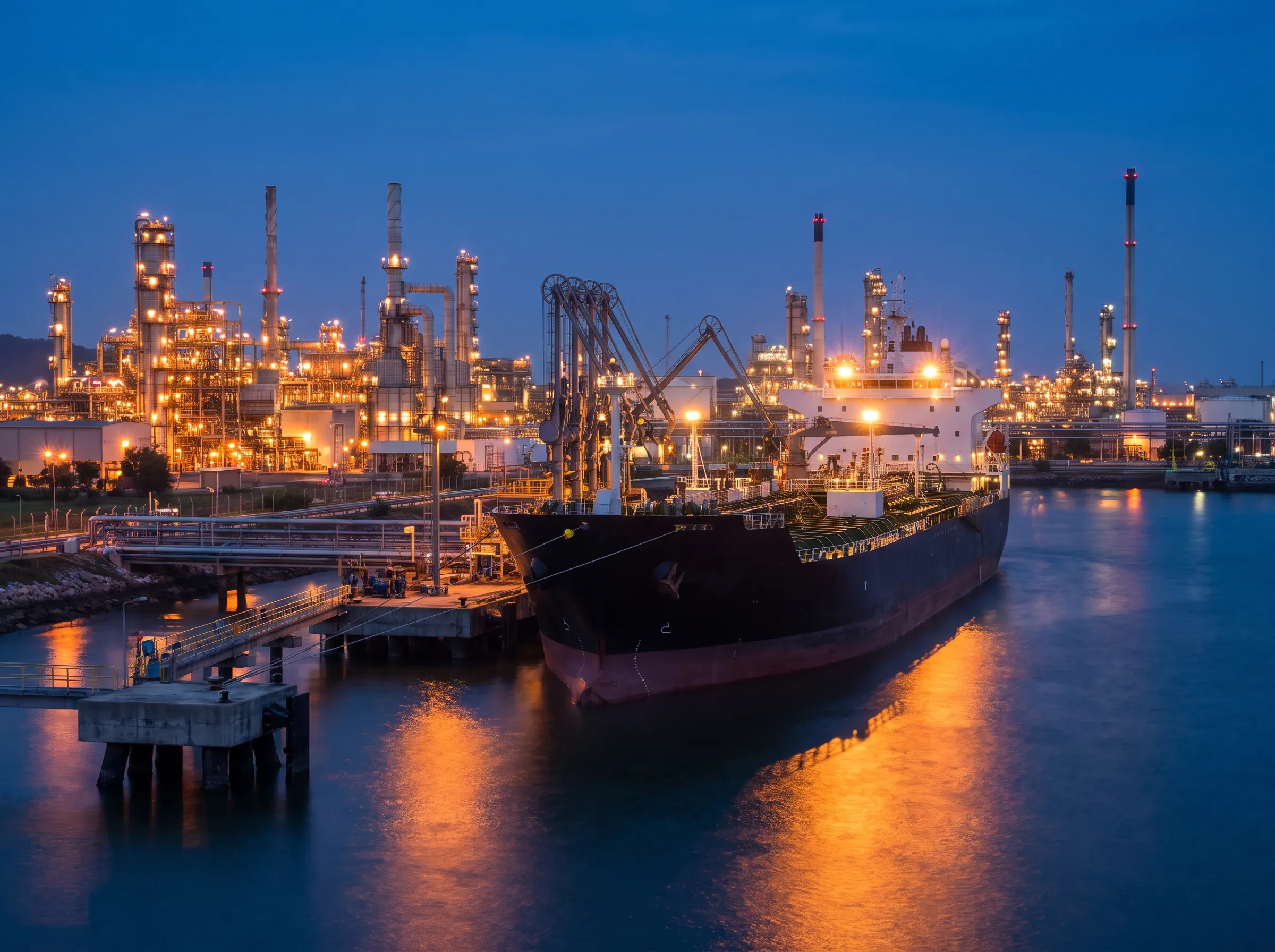 A product tanker berthed at a refinery jetty at dusk