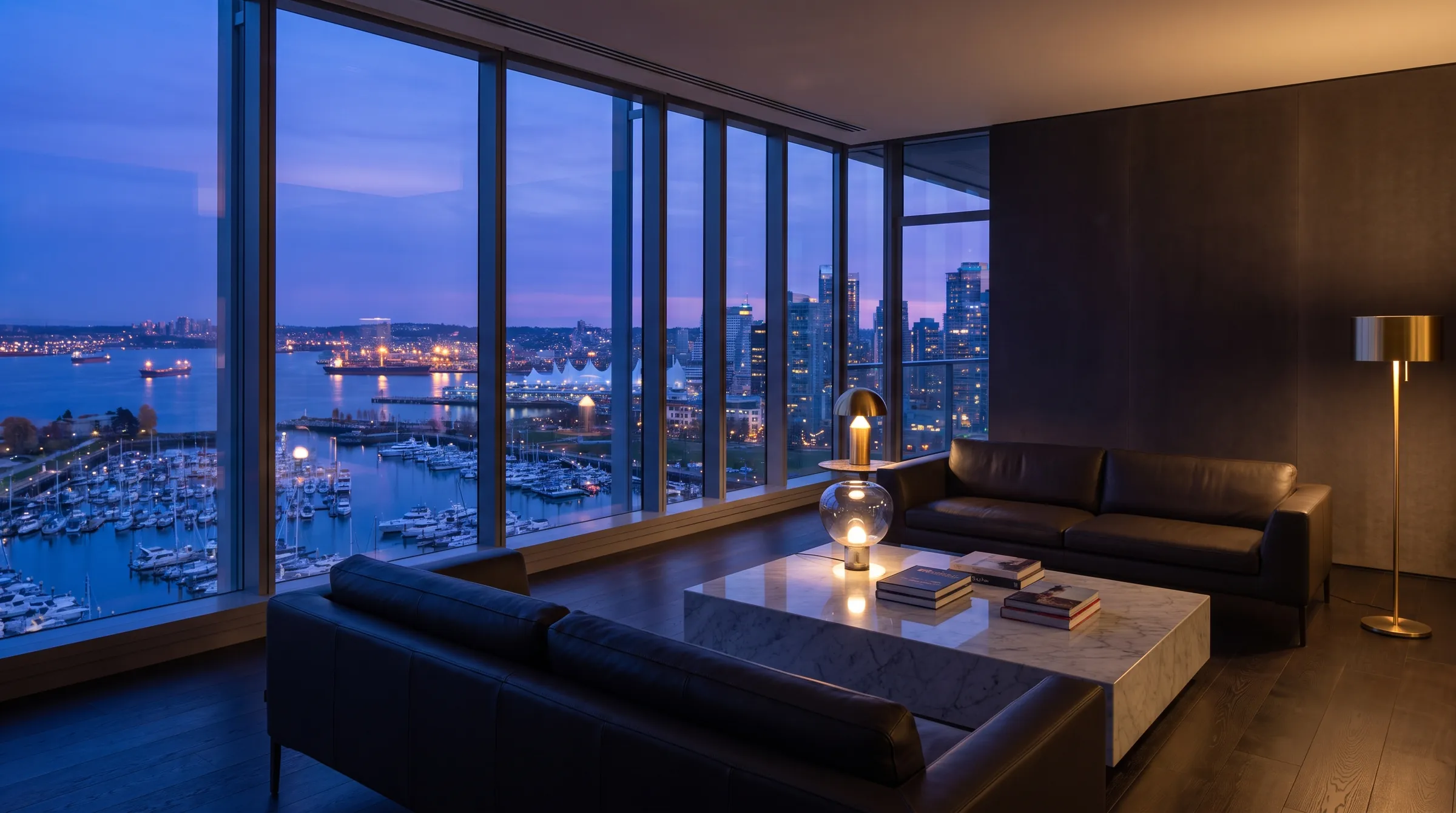 An office lounge overlooking a marina at dusk