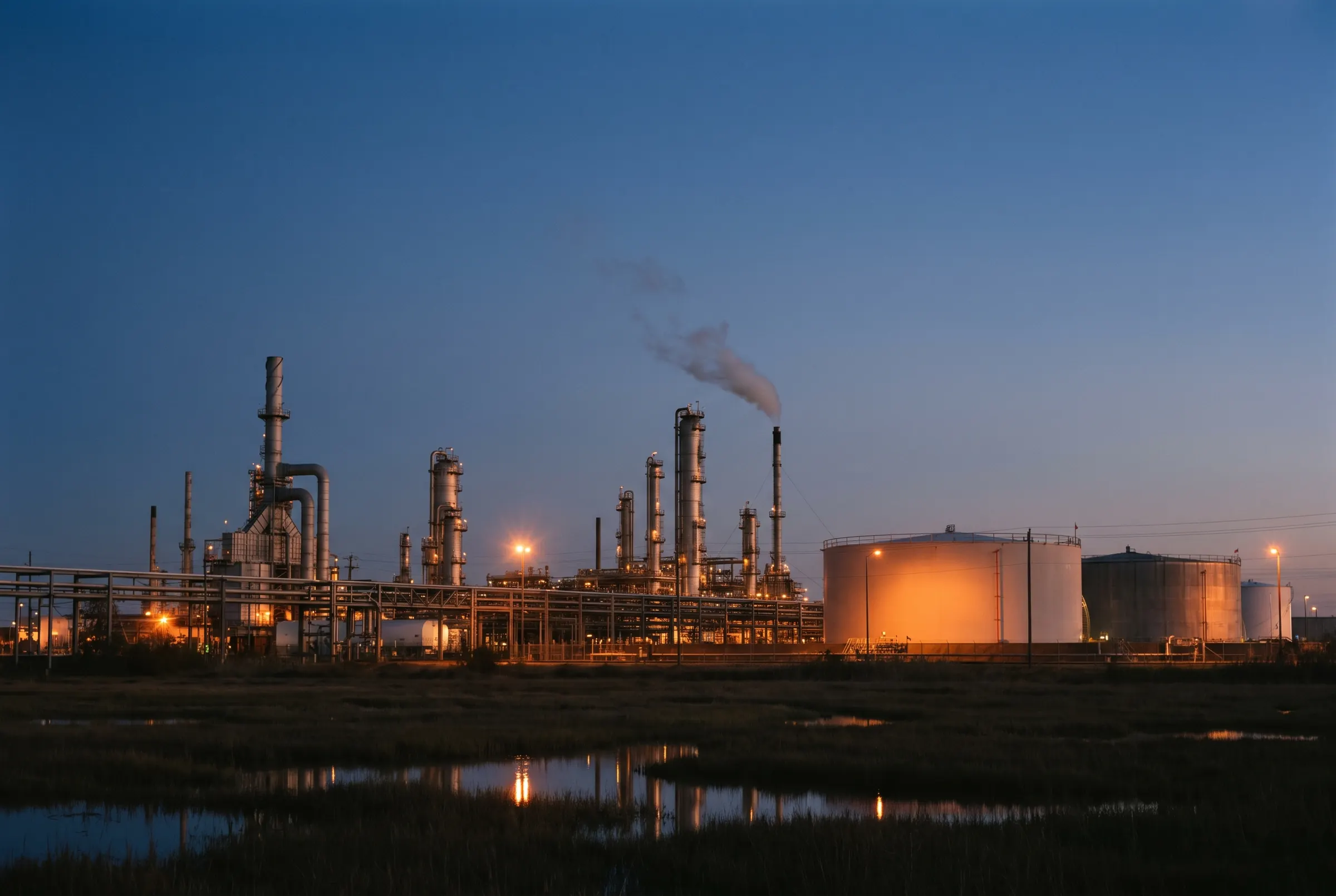 An oil refinery lit at blue hour