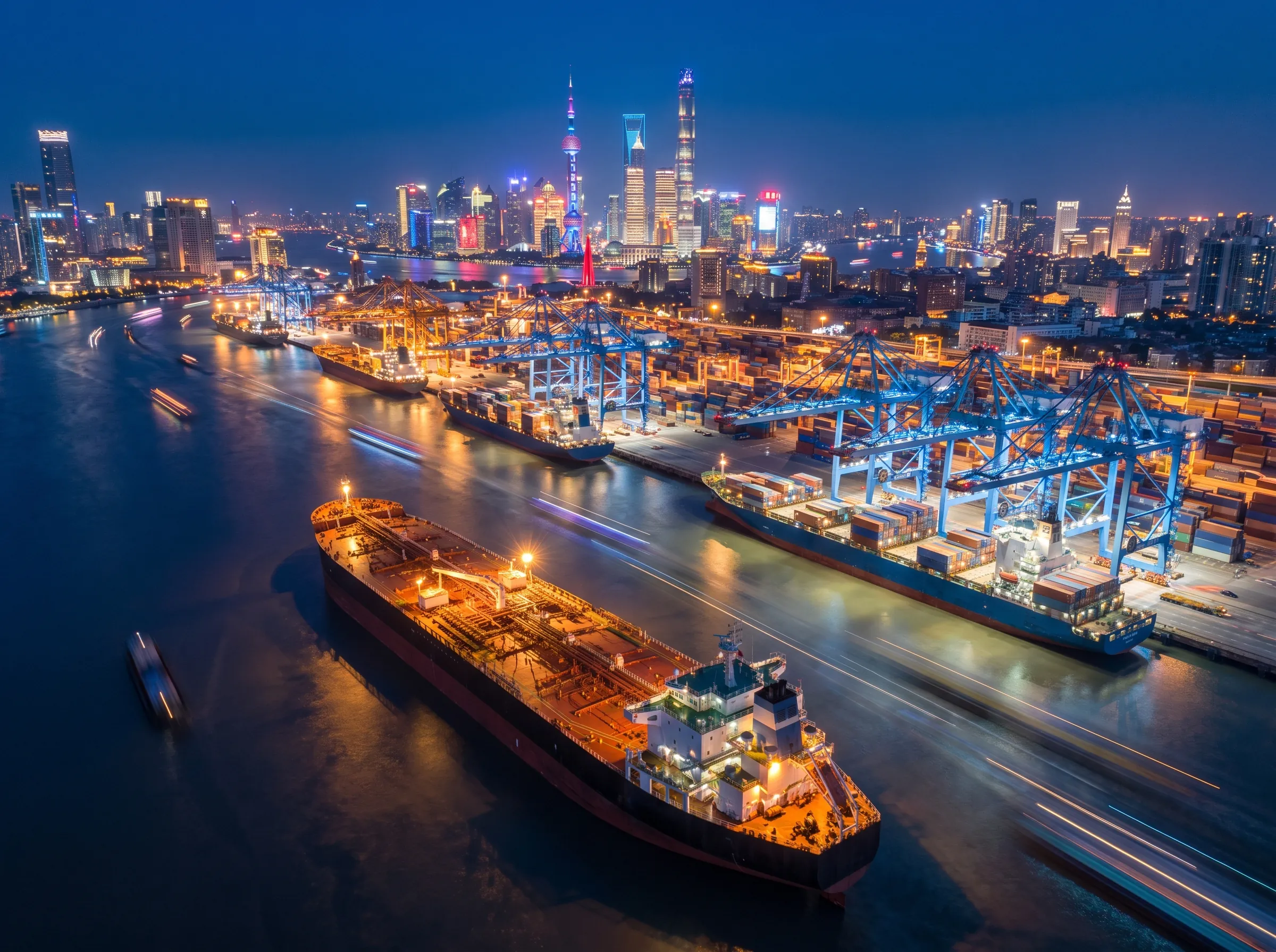 A large East Asian port at night