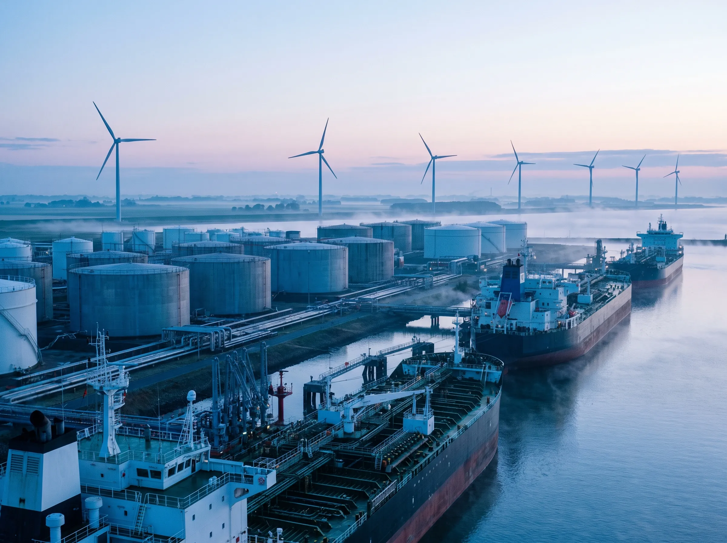 A northern European oil port at dawn with wind turbines