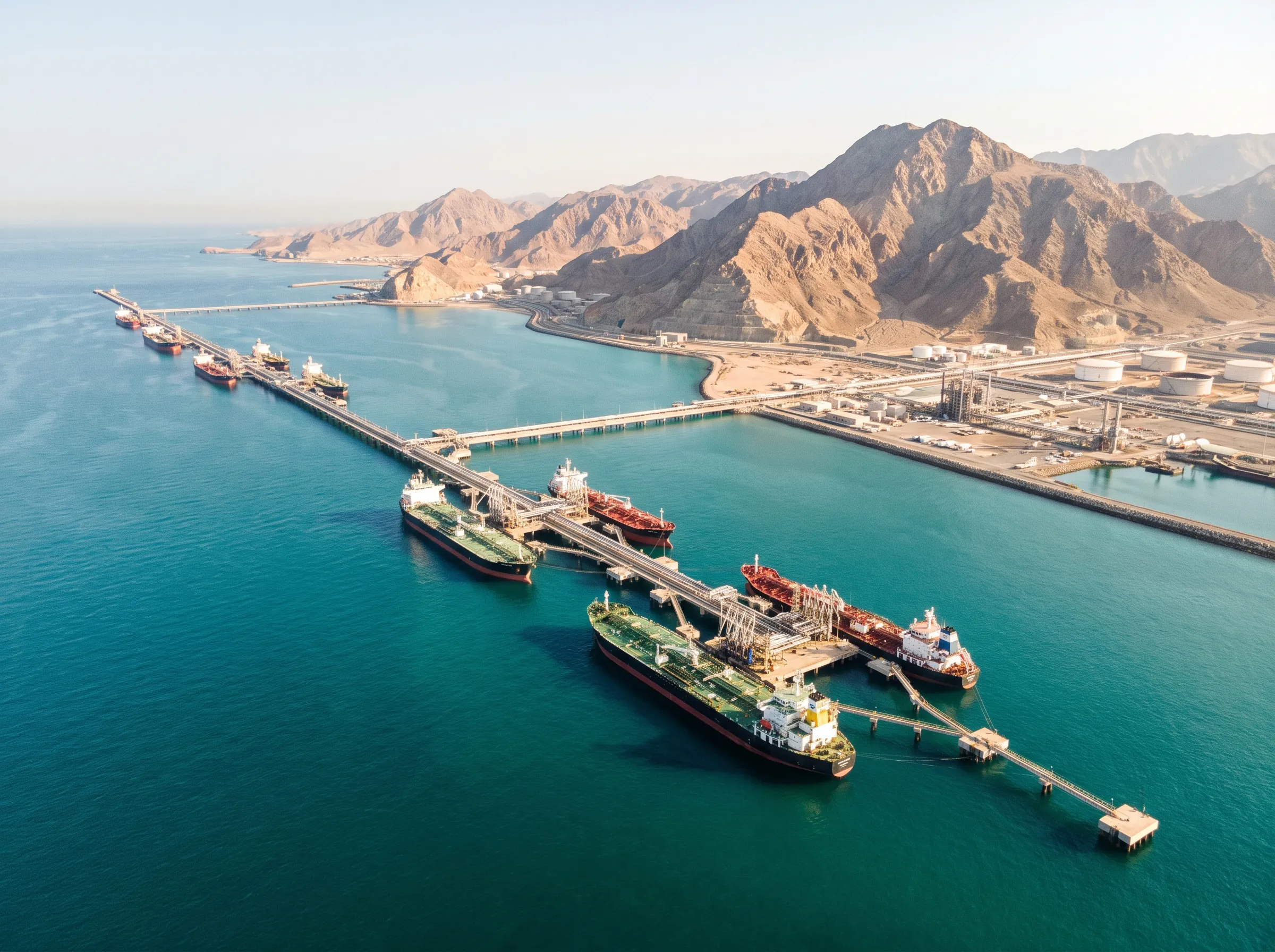 A Gulf export terminal with mountains behind