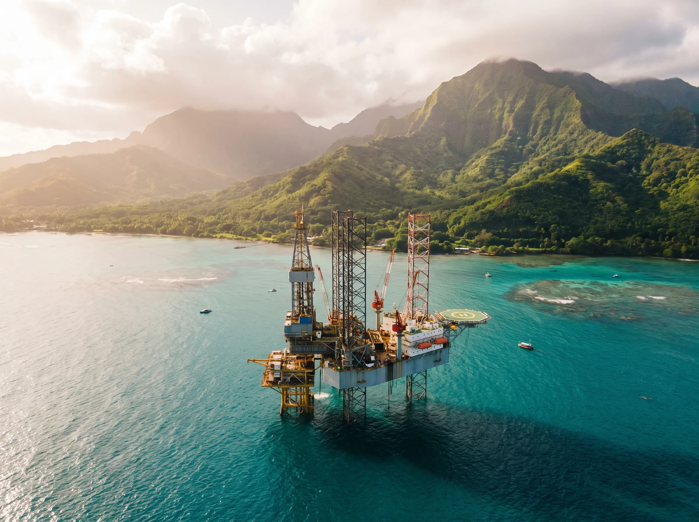 An offshore platform off a tropical coastline