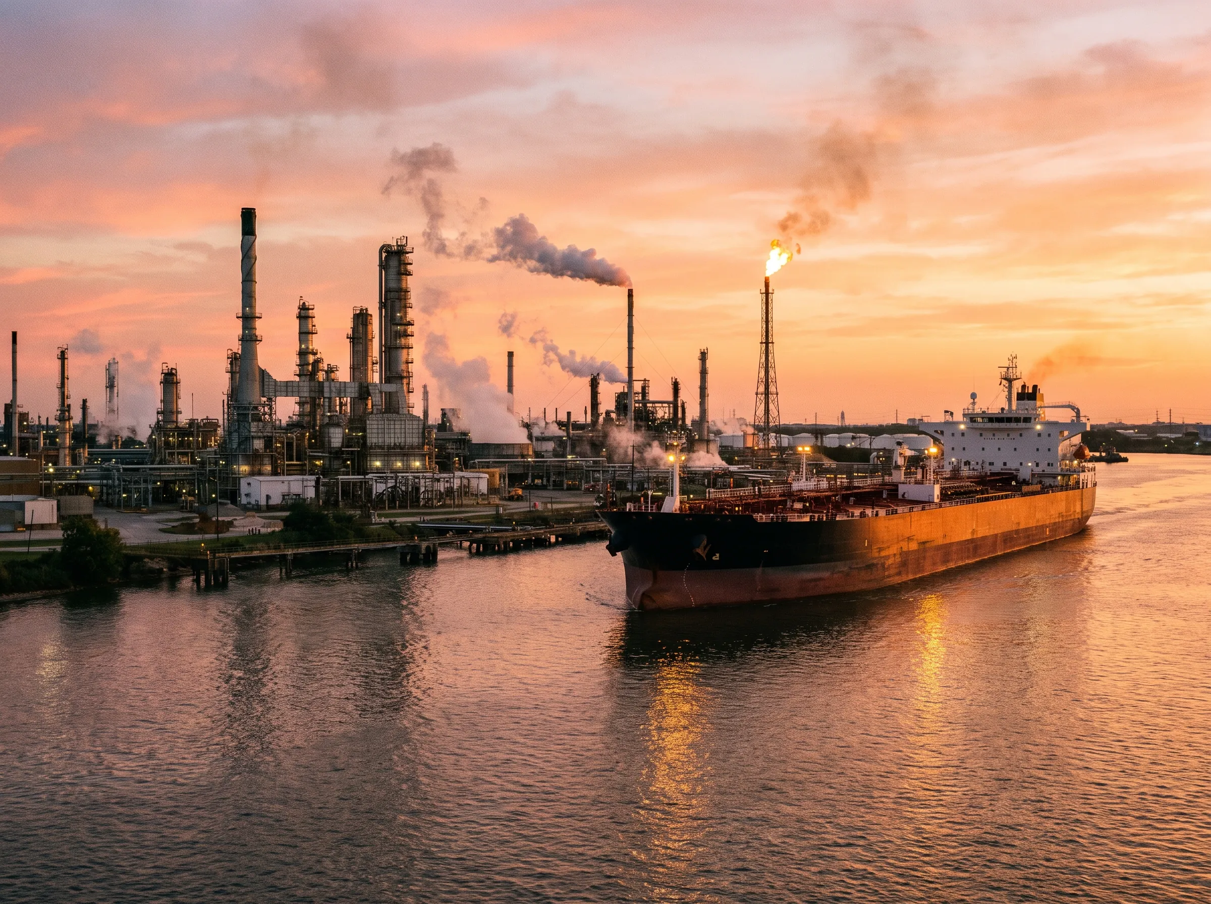 A Gulf Coast refinery beside a ship channel at sunset