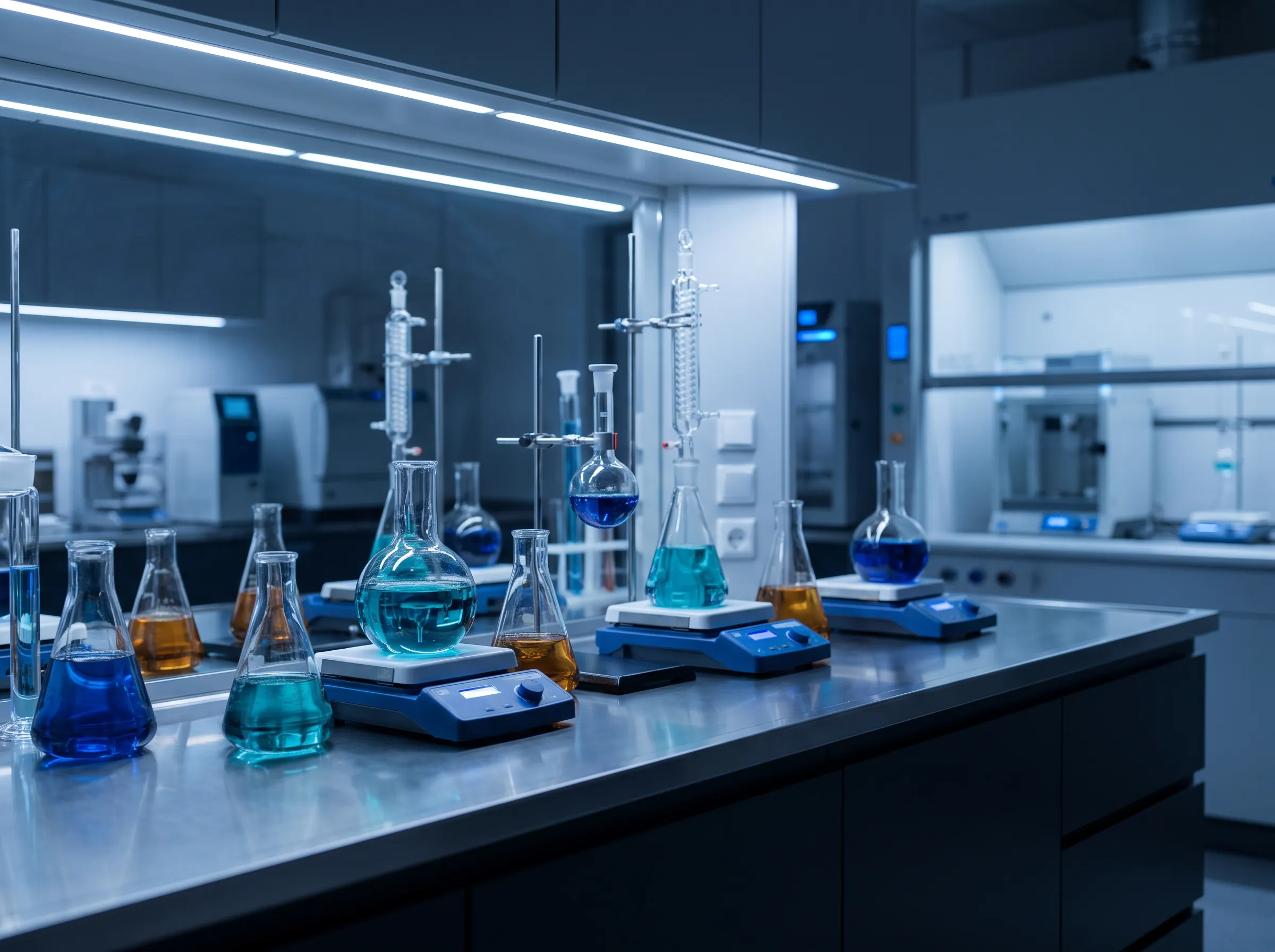 Glass flasks of coloured chemicals in a laboratory