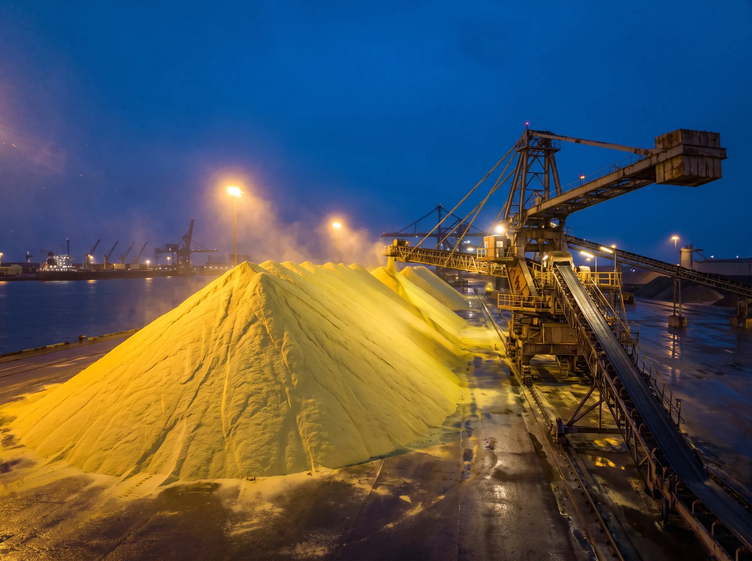 A yellow sulphur stockpile at a coastal export terminal at dusk