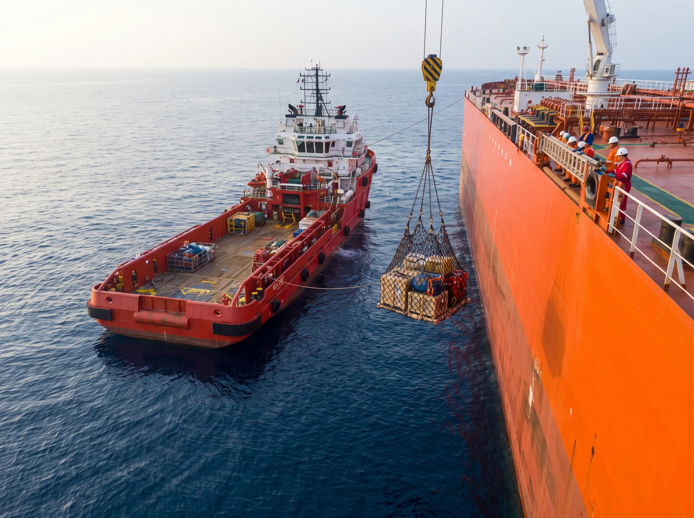 A supply vessel alongside a tanker at sea