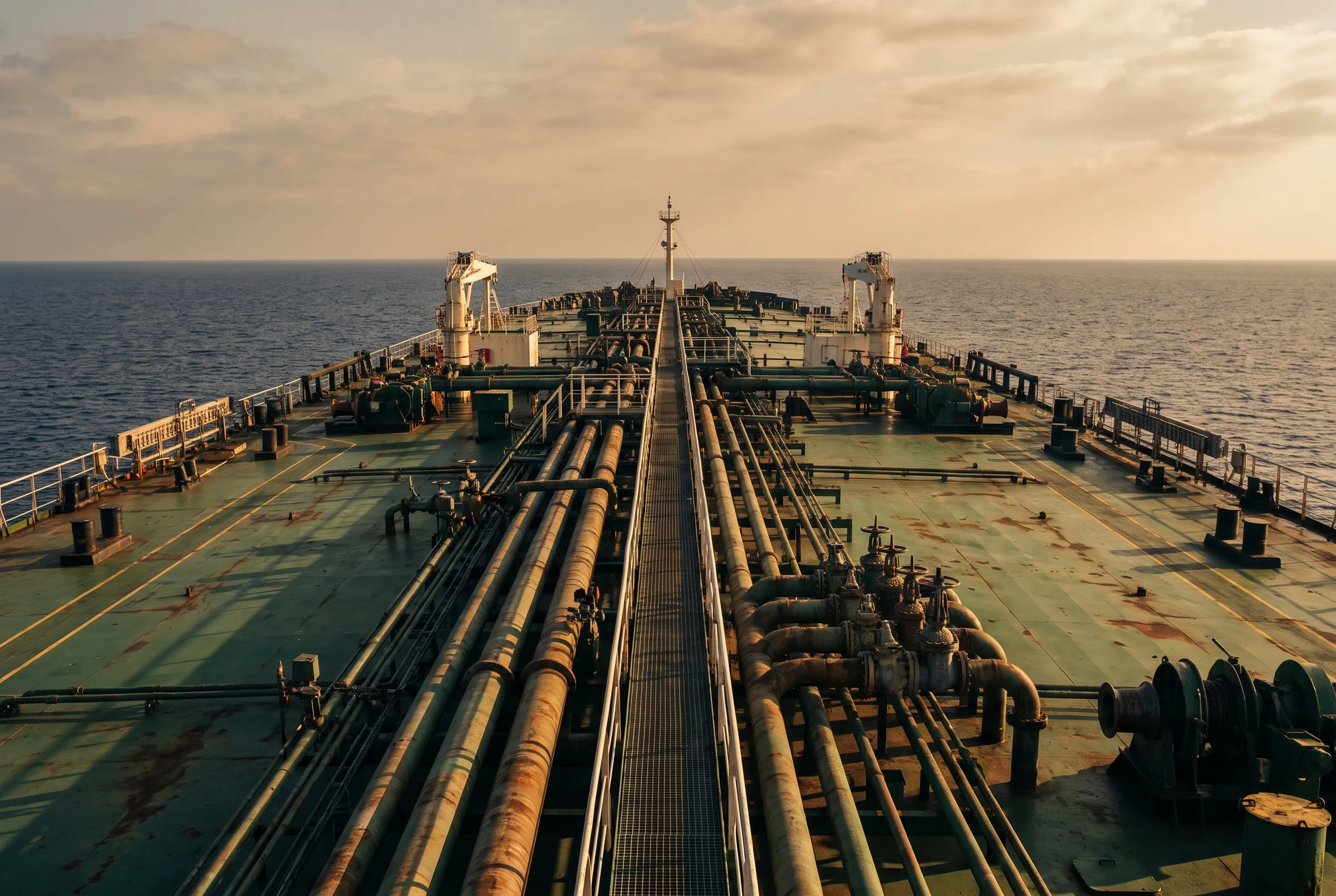 Pipelines and valves on the deck of a tanker at sea