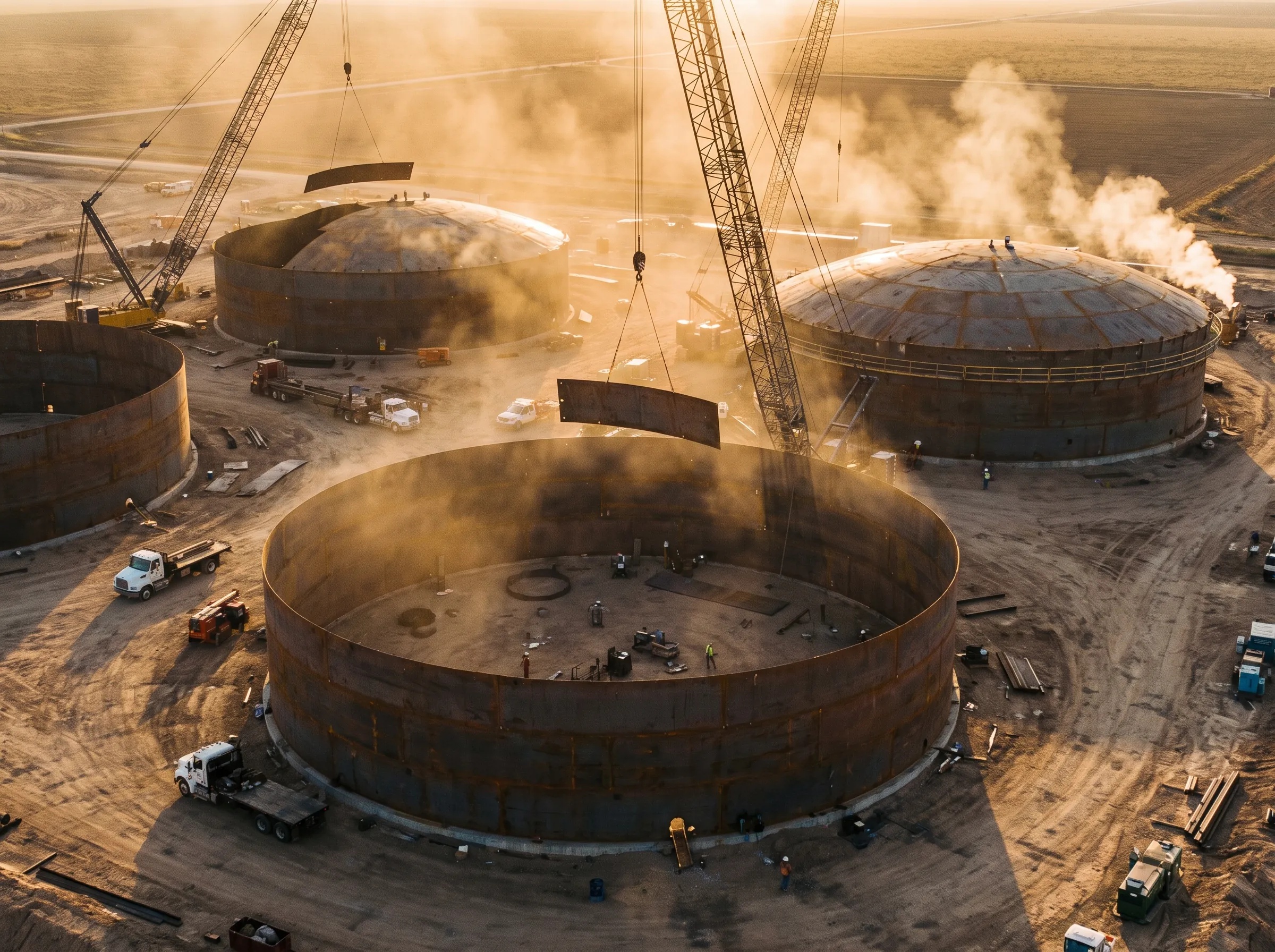 Storage tanks under construction with cranes