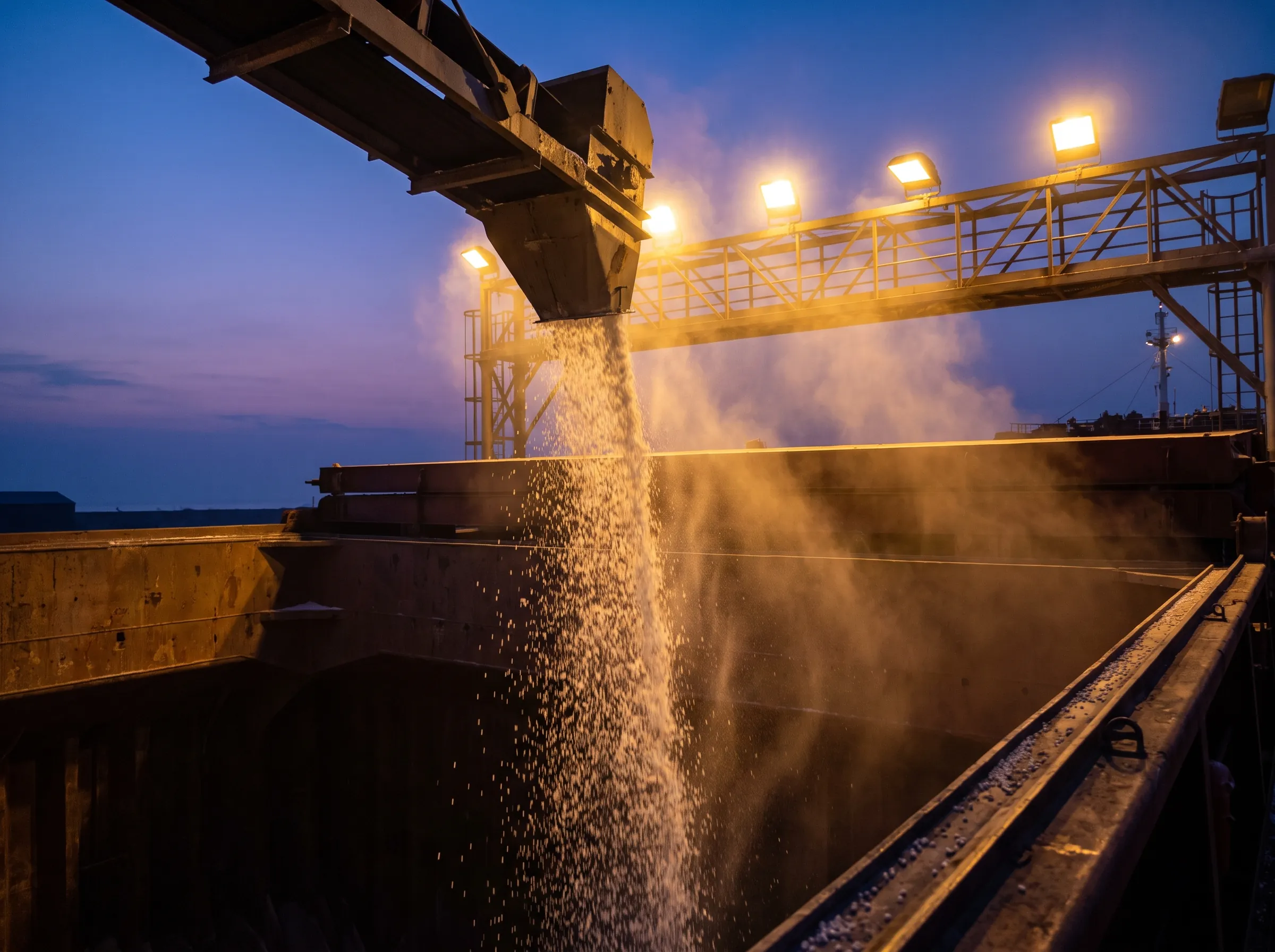 White urea granules pouring from a conveyor into the hold of a bulk carrier