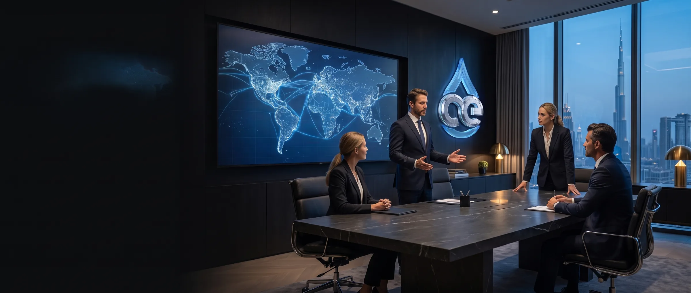 The Atlantean Energeia team discussing a trade in a meeting room beneath the company logo
